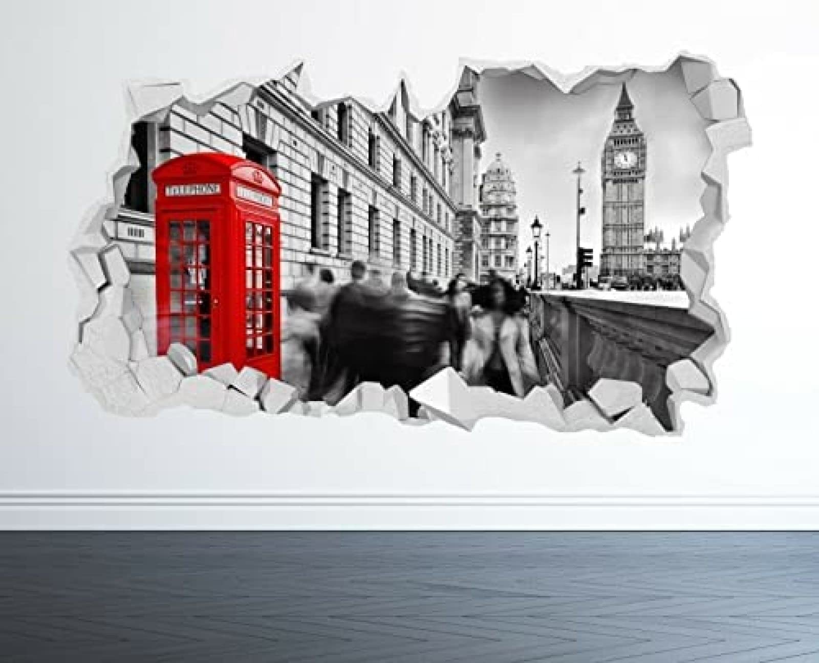 3D Wall Decor Stickers Smashed London Wall Sticker 3D Look - Bedroom Lounge London Eye Wall Decal 55x80cm