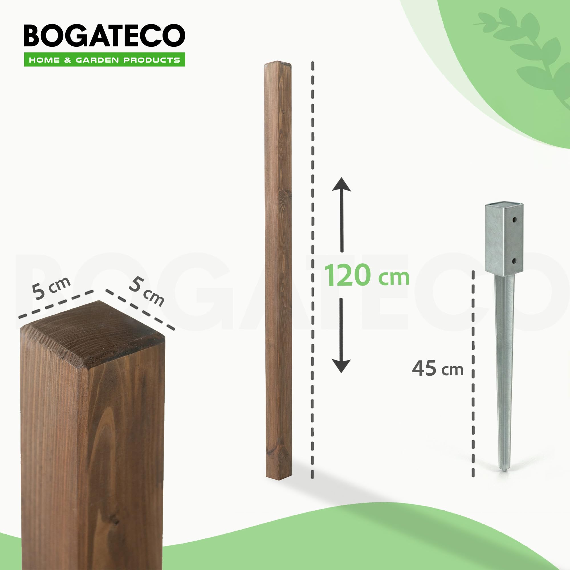 BOGATECO Postes de madera impregnada, 120 x 5 x 5 cm, juego de 6 postes cuadrados con cabeza plana con casquillo para el suelo, madera cantada, madera marrón oscuro