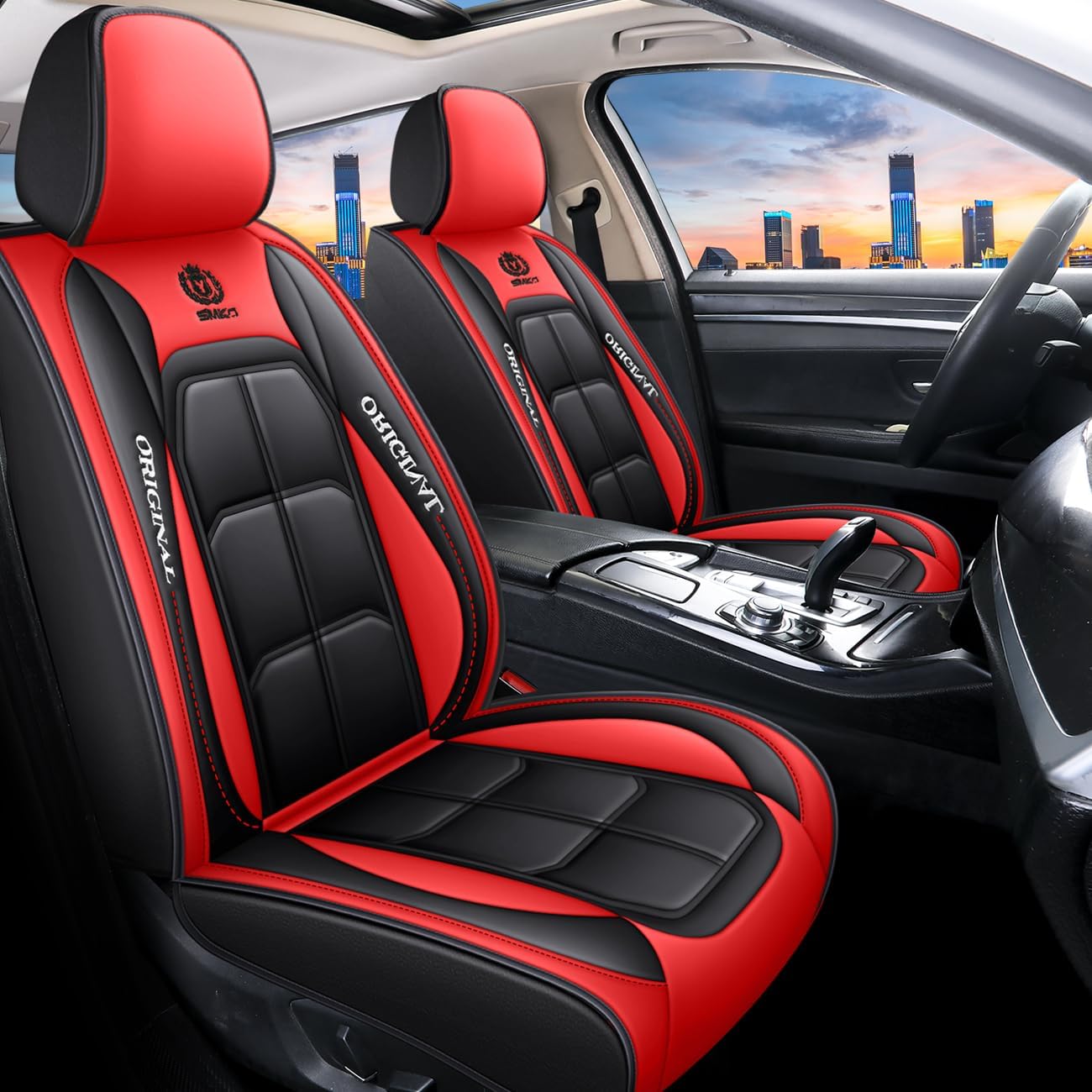 BGYFDU03 Seat Cover 5-Seater Full Set, Universal Type, Suitable for Most Cars, Cars, SUV, Trucks, Pickup Ttrucks, Airbags Compatible with Synthetic Leather Car Seat Cushion Protectors (Black-red)