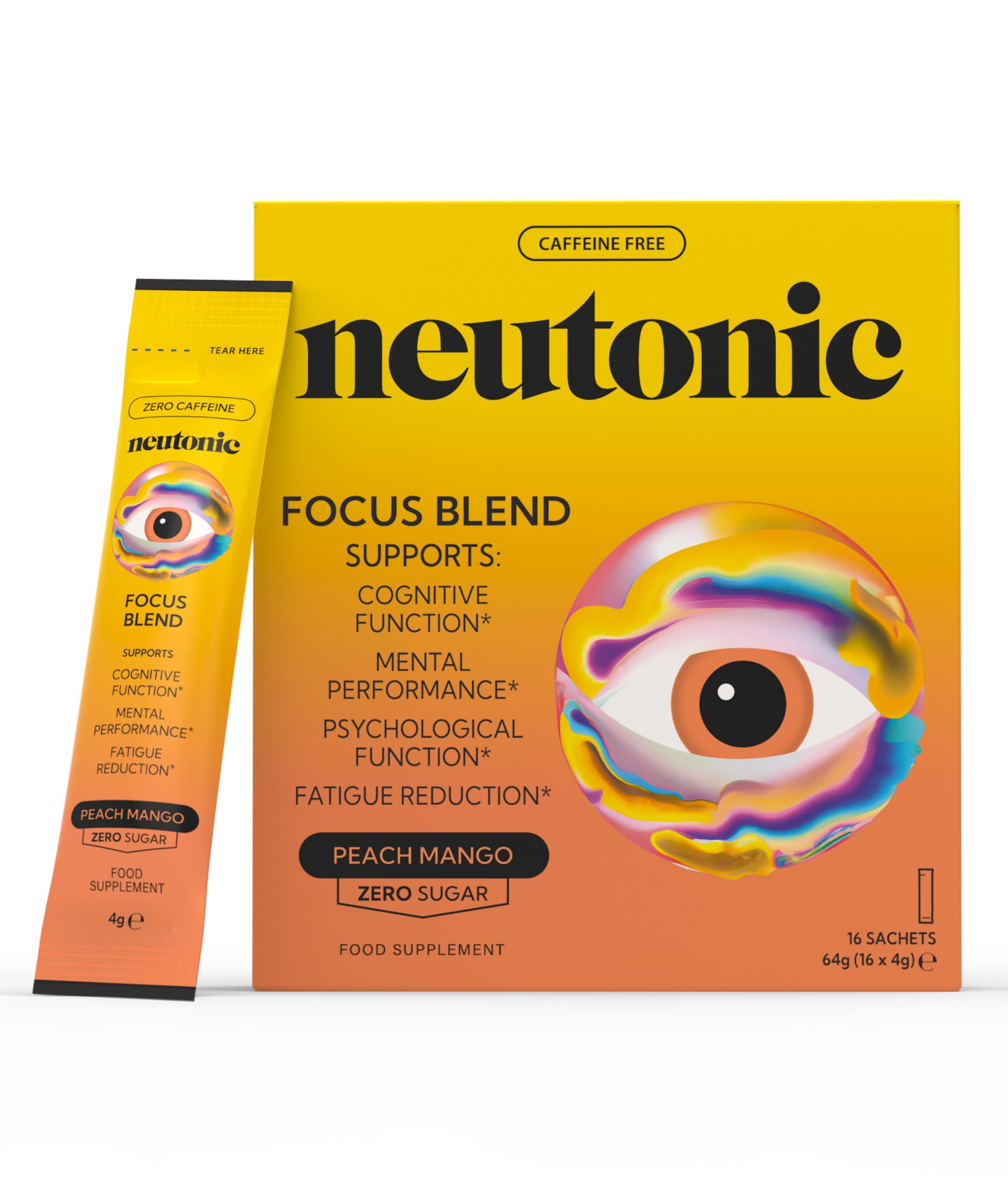 Neutonic Nootropic Focus Blend Powder | Peach Mango 16 Sticks | Caffeine Free, Zero Sugar | Support Energy, Mental Performance, Cognitive Function | Support Focus, Fatigue Reduction, Brain Health