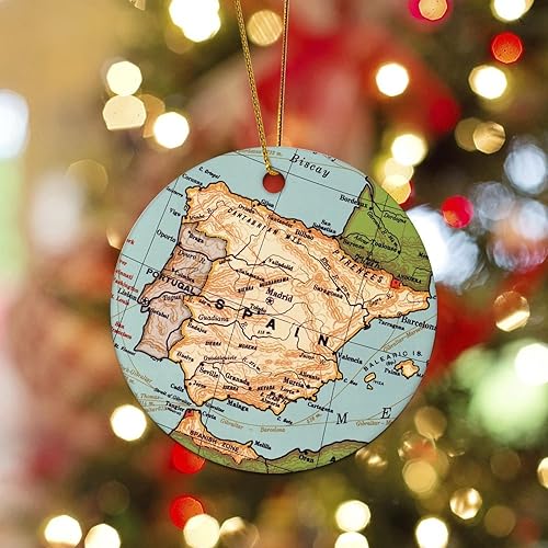 Miniatura 3 de Adorno de Navidad con mapa de España, adorno de árbol de Navidad, destino de 3.2 pulgadas, dos lados impresos con cuerda dorada, adorno moderno para