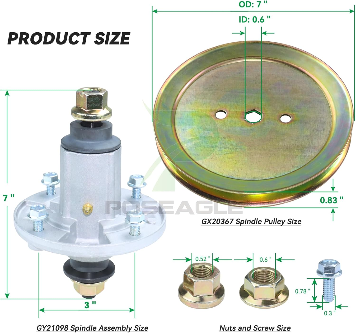 2 Pack GY21098 Spindle Assembly with GX20367 Spindle Pulley GY20629 and GY22172 Idler Pulley GX20072 Belt 1/2x103 for John Deere D100 D105 D110 D120 D125 D130 LA105 Lawn Tractors