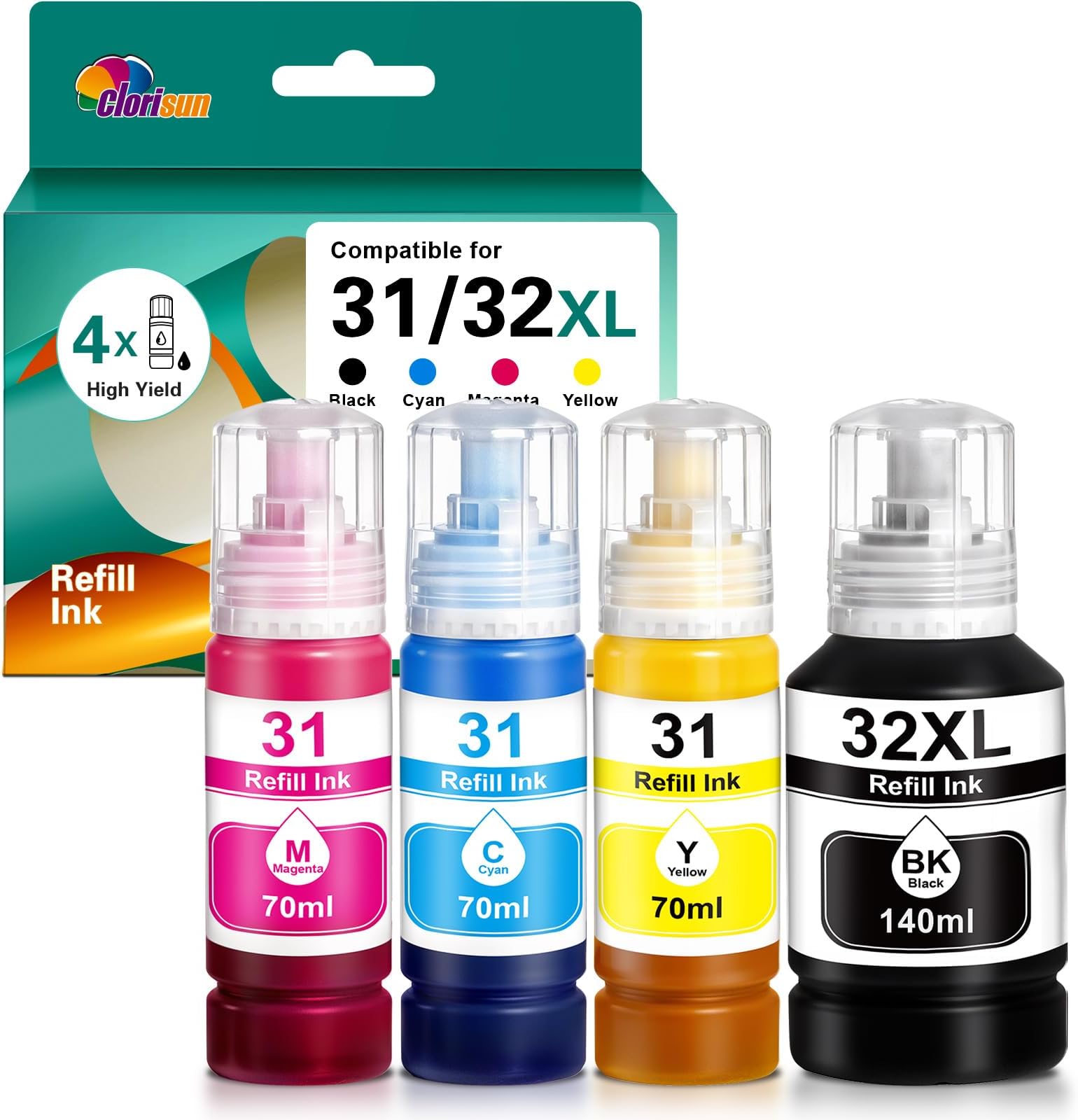 Clorisun31 32XL Ink Bottle Set Refill Ink Compatible for HP Smart Tank 5000 7602 6001 5101 7301 7001 Plus 651 551 455 457 450 All-in-One Ink-Tank Printers (Black, Cyan, Magenta, Yellow, 4-Pack)