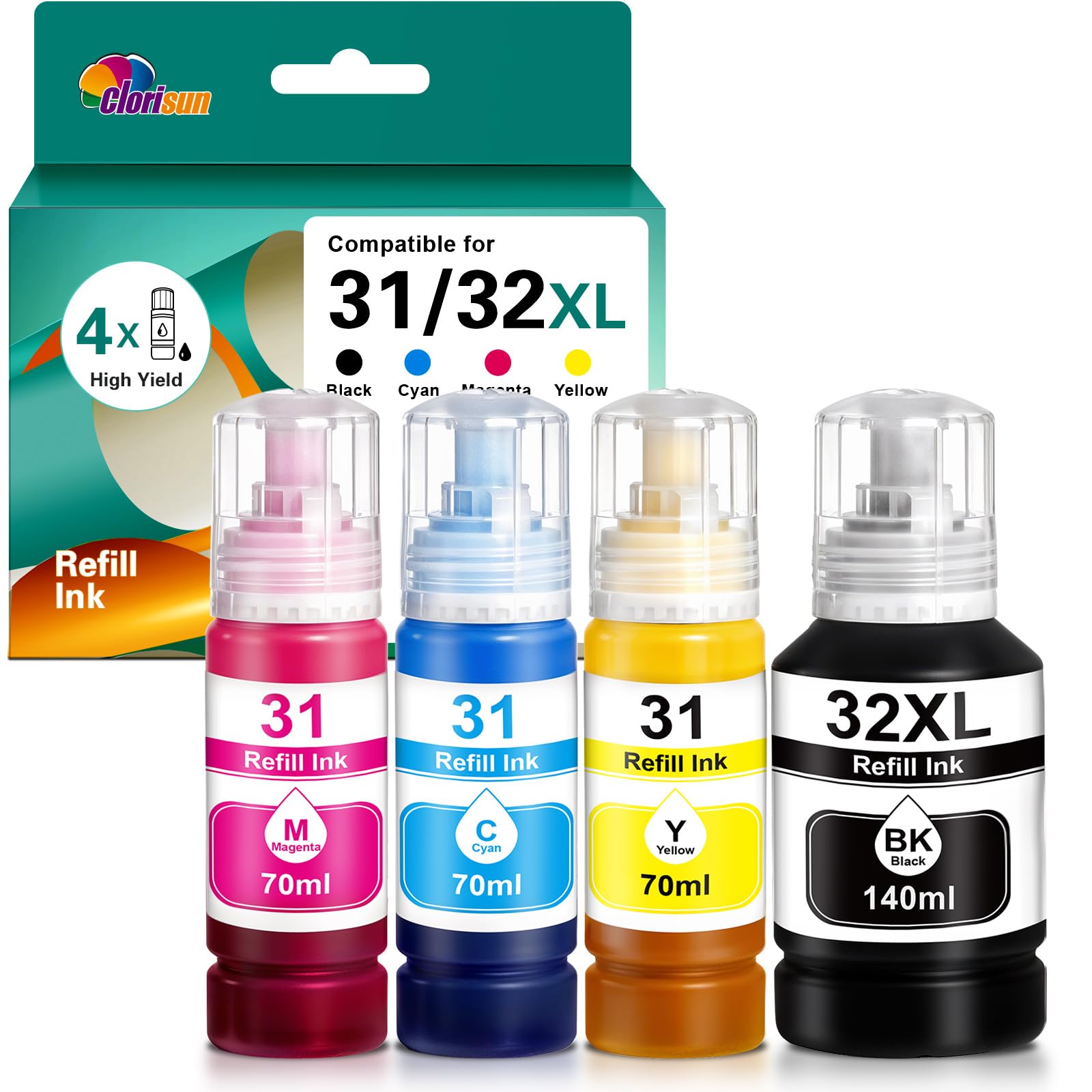 Clorisun31 32XL Ink Bottle Set Refill Ink Compatible for HP Smart Tank 5000 7602 6001 5101 7301 7001 Plus 651 551 455 457 450 All-in-One Ink-Tank Printers (Black, Cyan, Magenta, Yellow, 4-Pack)