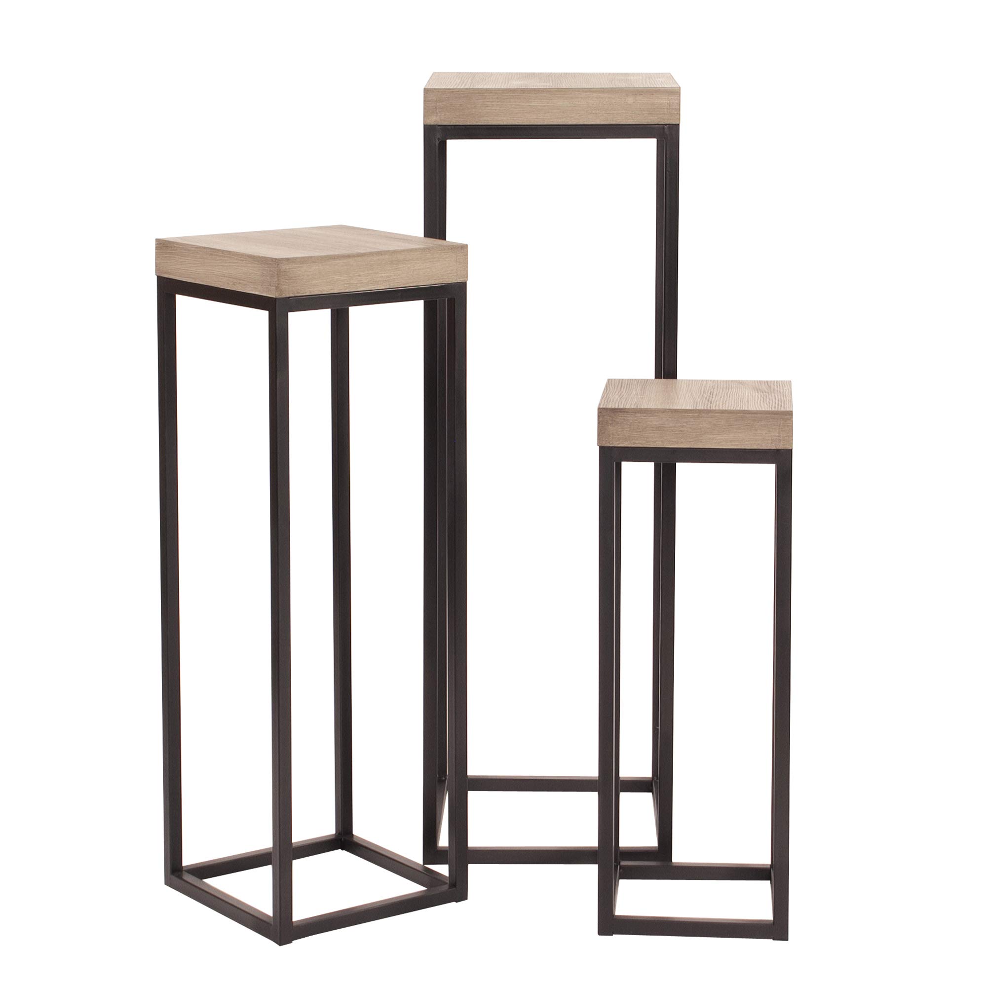 Howard Elliott Set of 3 Tall Plant and Side Pedestal Stand, Natural Veneer Wood Top & Metal Base End Tables for Small Space, Home Decoration, Bedroom, Entryway & Office Decor, Pack of 3
