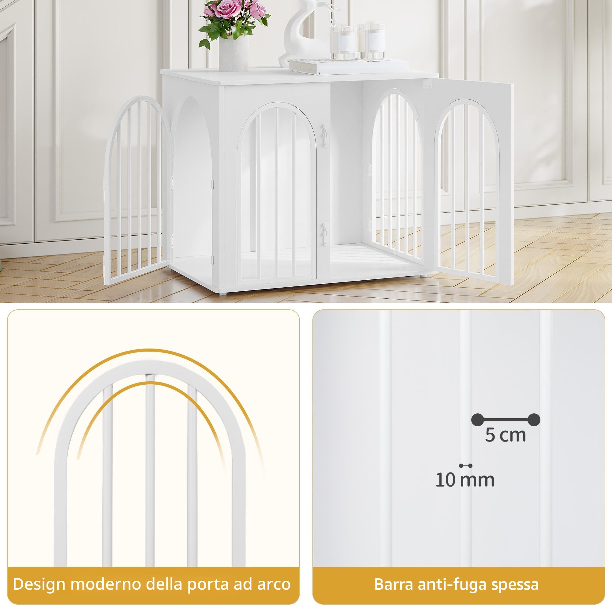 Hzuaneri 68 cm Gabbia per Cani, Tavolo Supplemento, Cuccia Moderna per Cani Interno, Gabbia per Cuccioli, Casetta per Animali, 3 porte, Porta ad arco, 49 x 68 x 56 cm, Bianco DFC85513W