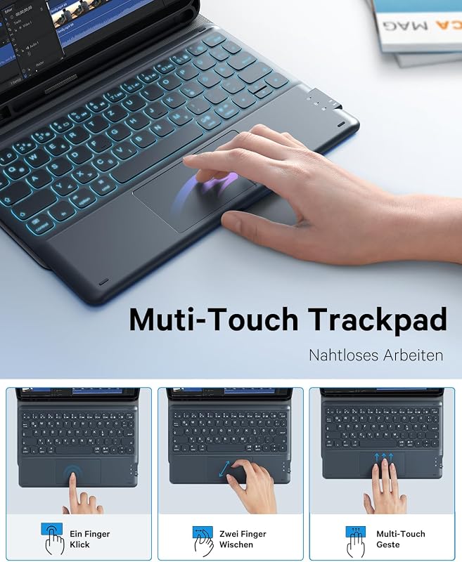 Earto iPad Air 11 Tok Billentyűzettel, 7 Szín Háttérvilágítás, QWERTY Touchpad, Fekete