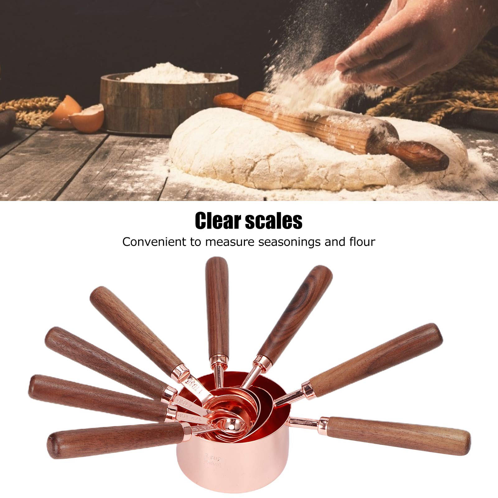 Ensemble de 8 cuillères à mesurer en acier inoxydable or rose avec poignées en bois, accessoire de cuisine, cuillère à mesurer pour les boulangers à domicile et les amateurs de