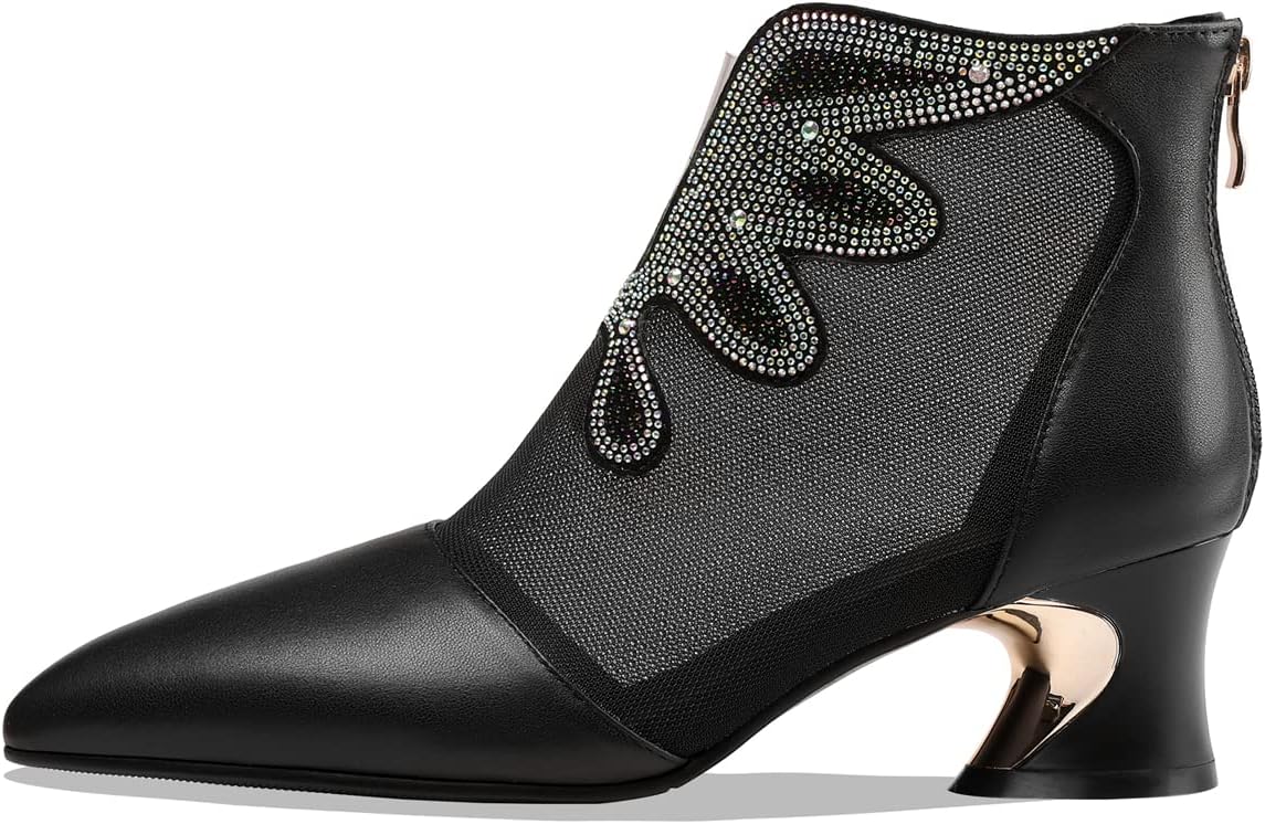 TinaCus Women's Handmade Genuine Leather and Mesh Back Zip Up Glitter Decor Chuncky Heel Summer Boots