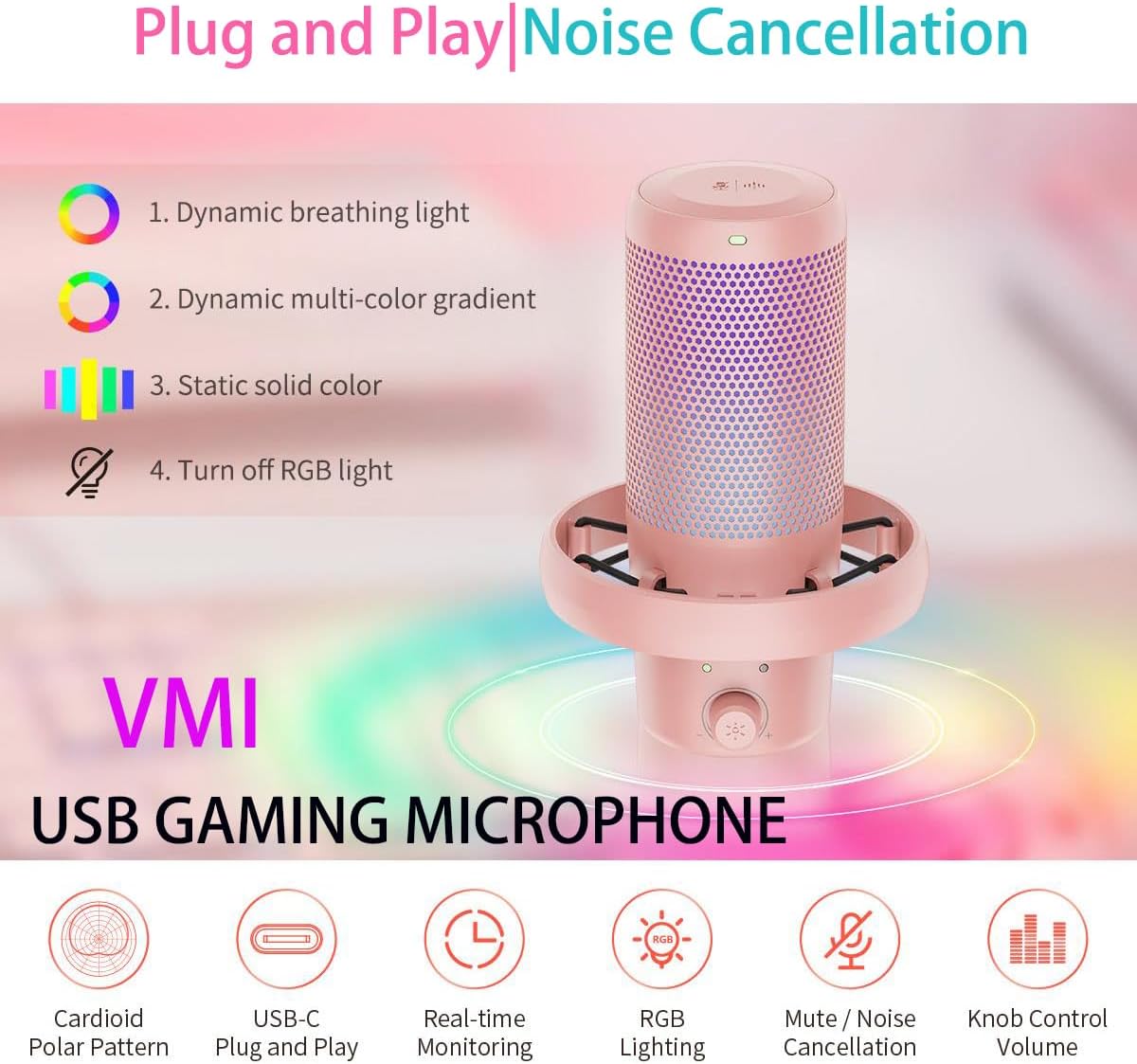 FEELWORLD VM1 USB Condenser Gaming Microphone for Streaming Noise Cancellation Mute RGB Light Desktop Stand Pink
