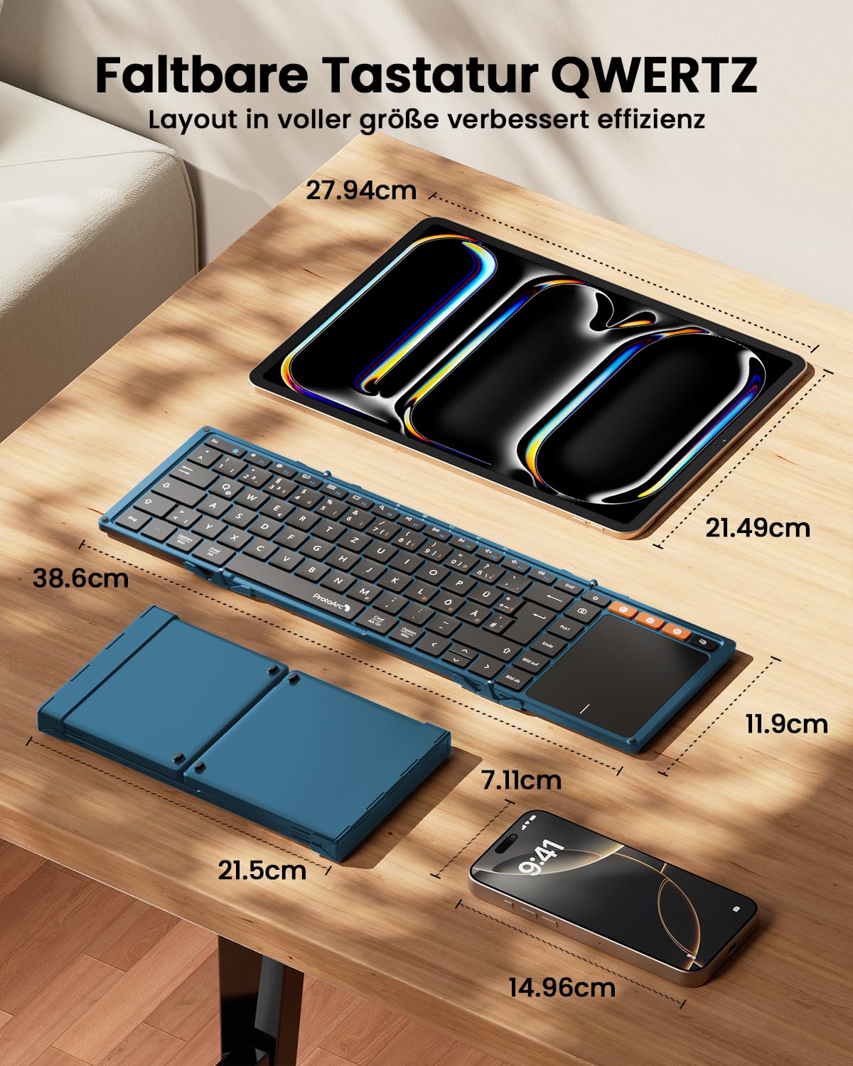 ProtoArc XK01 TP Klawiatura Bluetooth składana z touchpadem – QWERTZ niemiecki z gładzikiem, klawiatura iPad do iOS, Android, Windows Laptop PC Tablet – niebieska