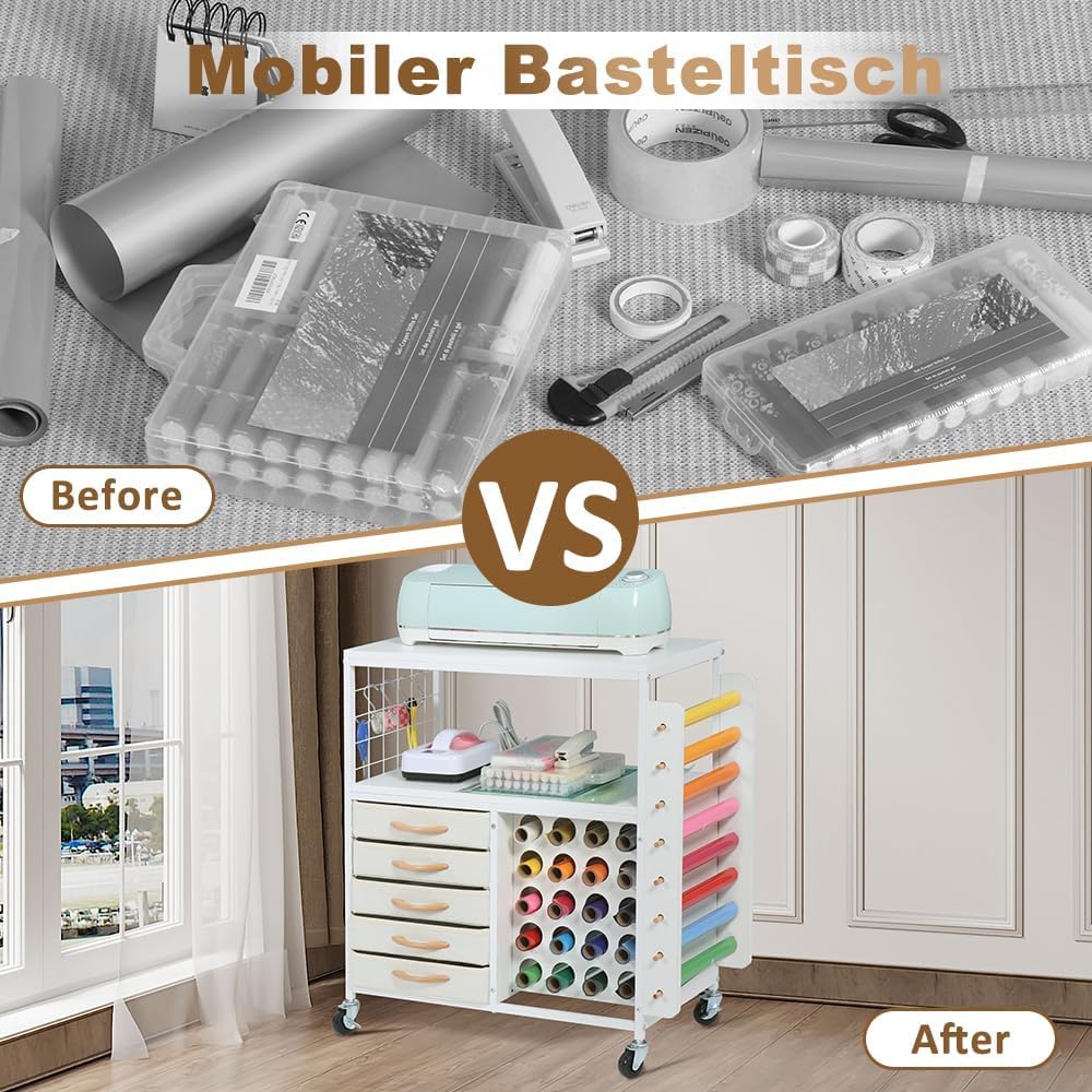 SMONTER Bastelwagen mit 28 Vinylrollenhaltern & 5 Schubladen, Mobiler Rollwagen kompatibel mit Cricut-Maker/Explore, Organizer für Nähatelier und Bastelzimmer, Weiß