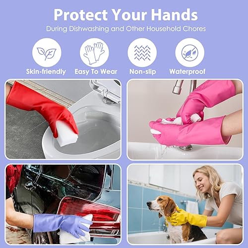 Miniatura 6 de Guantes de goma para lavar platos de cocina, 4 pares de guantes de limpieza reutilizables coloridos para lavar platos y limpieza del hogar (mediano,