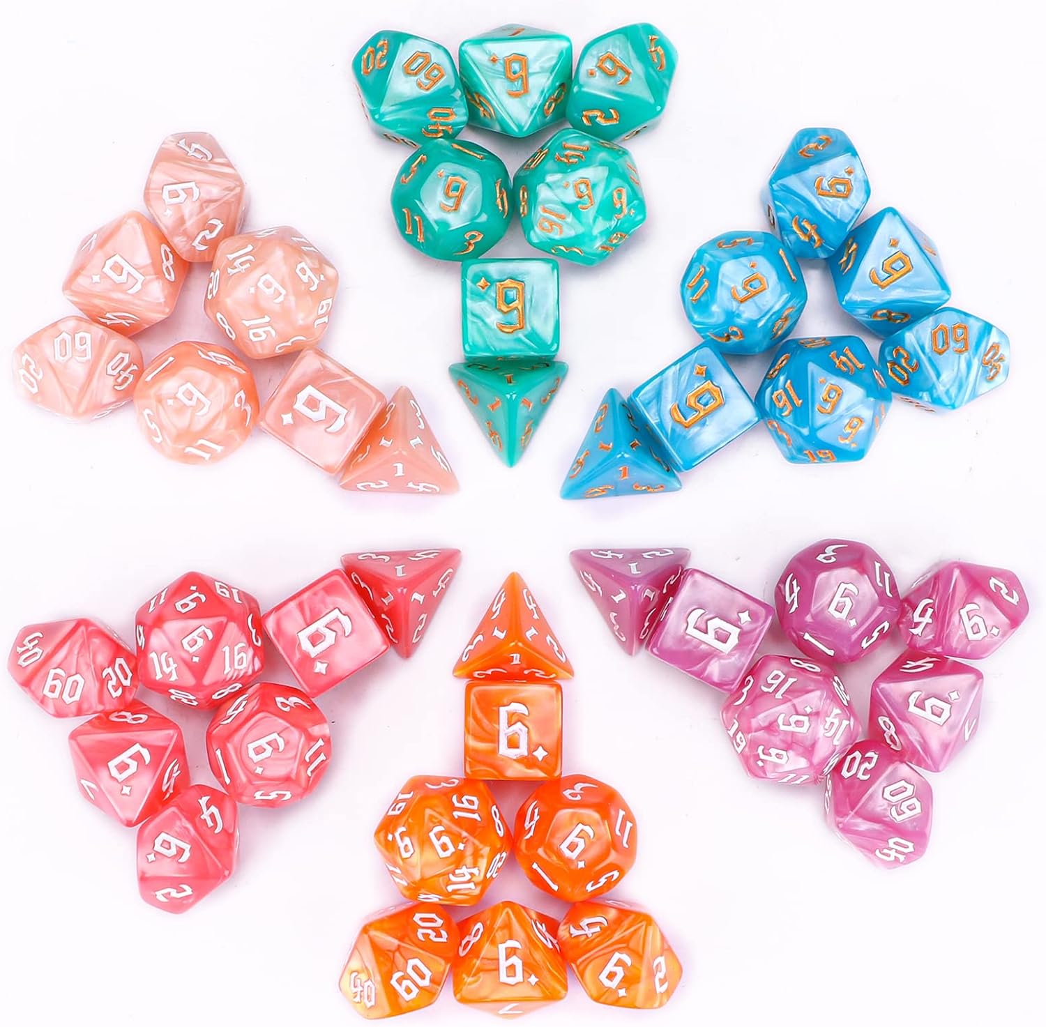 Surhugvy DND Dice, 6 X 7 (42 Pieces) Polyhedral Dice Set for Dungeons and Dragons DND RPG MTG Table Games with 6 Pack Black Bags