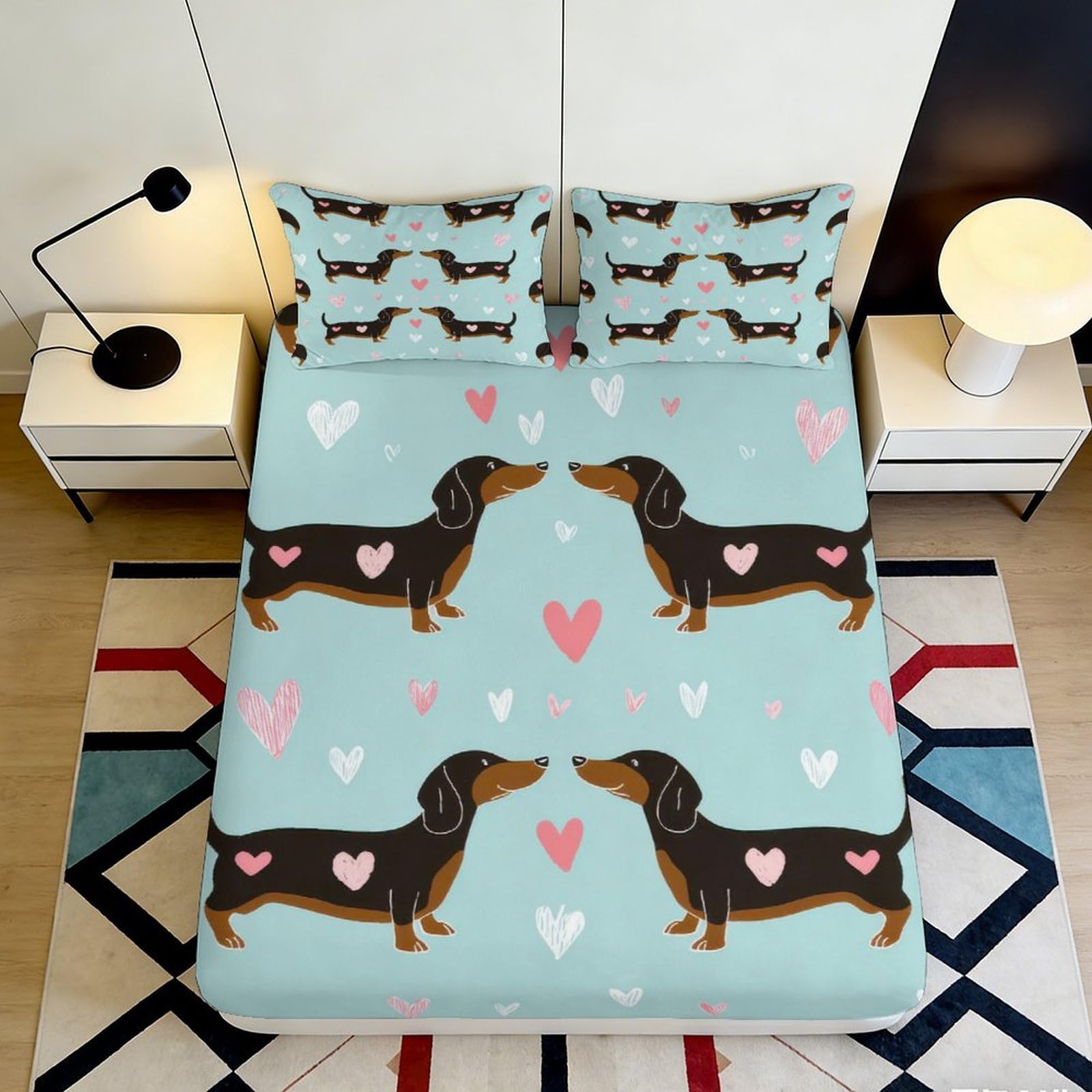 3D Printed Dachshund Heart Fitted Sheet Microfiber Light Blue Dog Bed Cover for Bedroom Dorm Mattress Protection Decor 140x200x25cm