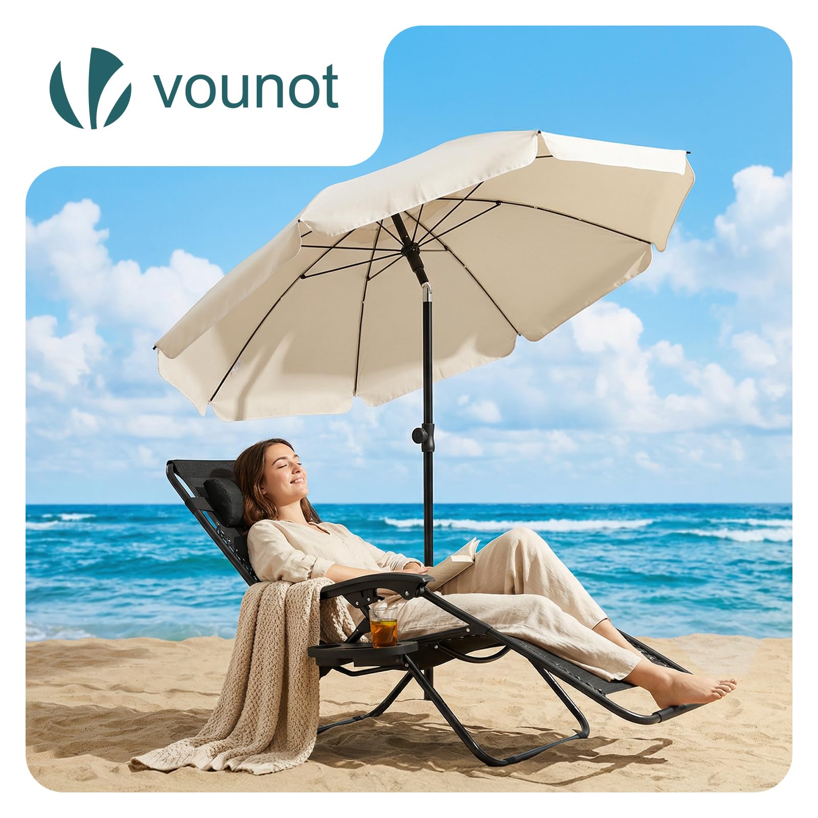 VOUNOT® Sombrilla Playa Grande Ø200cm y Soporte Arena Mástil Inclinable Altura Regulable Protección UV 50+ Parasol con Techo Ventilación Bolsa Transporte para Playa Terraza Balcón Camping Exterior — view 2