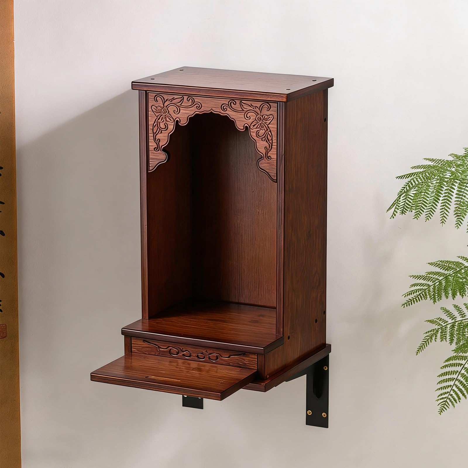 JNTFNE Wall Mounted/Tabletop Bamboo Altar Cabinet, Chinese Carved Buddha Shrine with Pull-Out Tray for Home Worship, Feng Shui Table & God Statues(Rosewood-Wall Mounted,30cm/11.8in)
