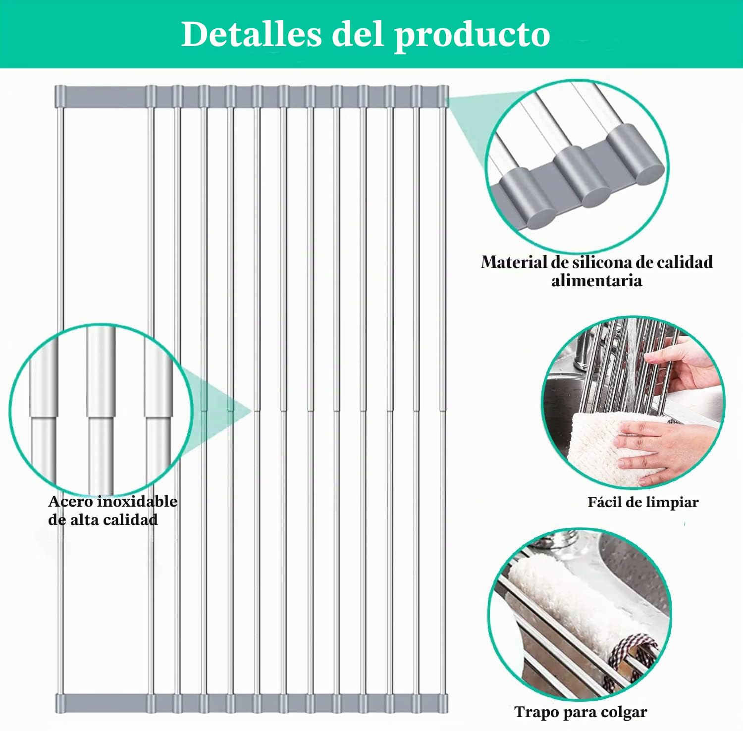 Puede expandir el Fregadero de la Cocina de la Bandeja de Secado de la Bobina por Encima de 12.6"-23.3", el Estante de Secado del Fregadero, el Drenaje del Carrete de Acero Inoxidable (Gris)