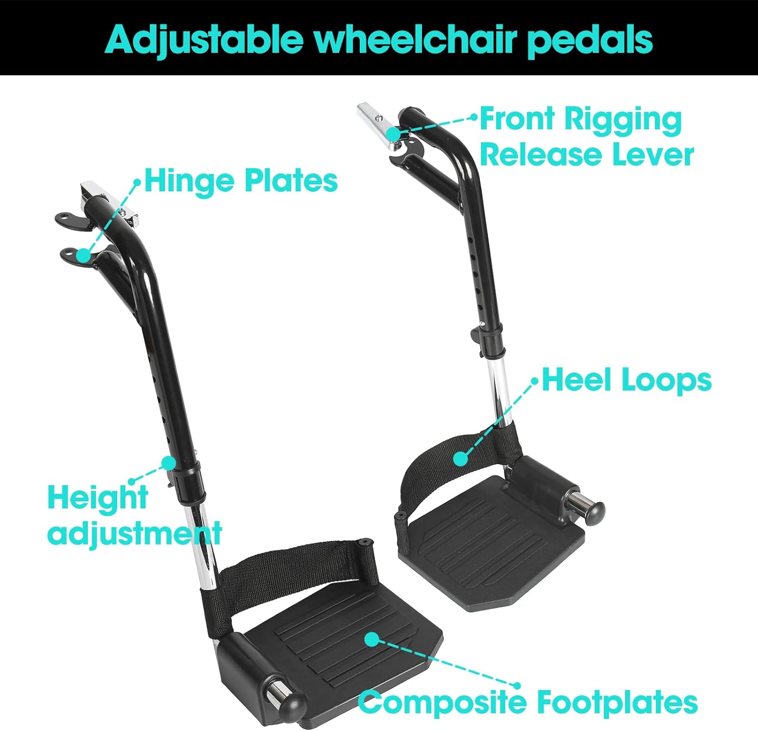Universal Wheelchair Footrest Replacement - Adjustable Composite Footboard & Heel Loop, Foldable Comfort Support, Affordable, Black, Lightweight, Easy Installation