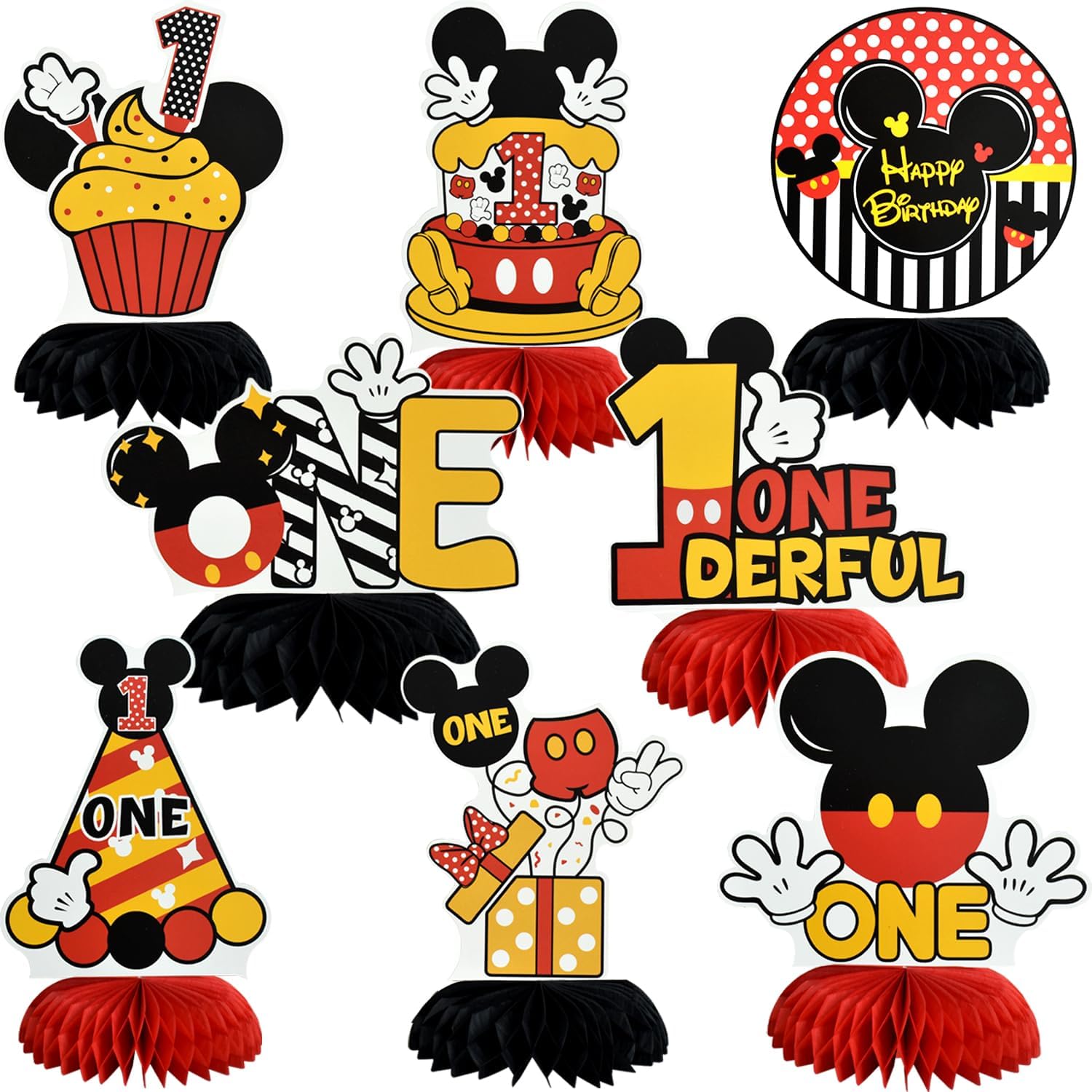 TONIFUL 2nd Birthday Black Red Yellow Mouse Themed Table Honeycomb Centerpieces, Red Mouse Table Topper Decor, Letter TWO for Second Birthday Party Supplies Party Decorations (8 Pcs)