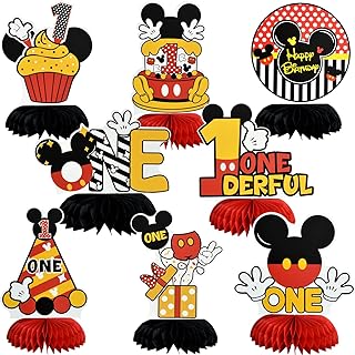 TONIFUL 1st Birthday Black Red Yellow Mouse Themed Table Honeycomb Centerpieces, Cartoon Mouse Table Topper Decor, Letter ONE Ideal for First Birthday Party Supplies Party Decorations (8 Pcs)
