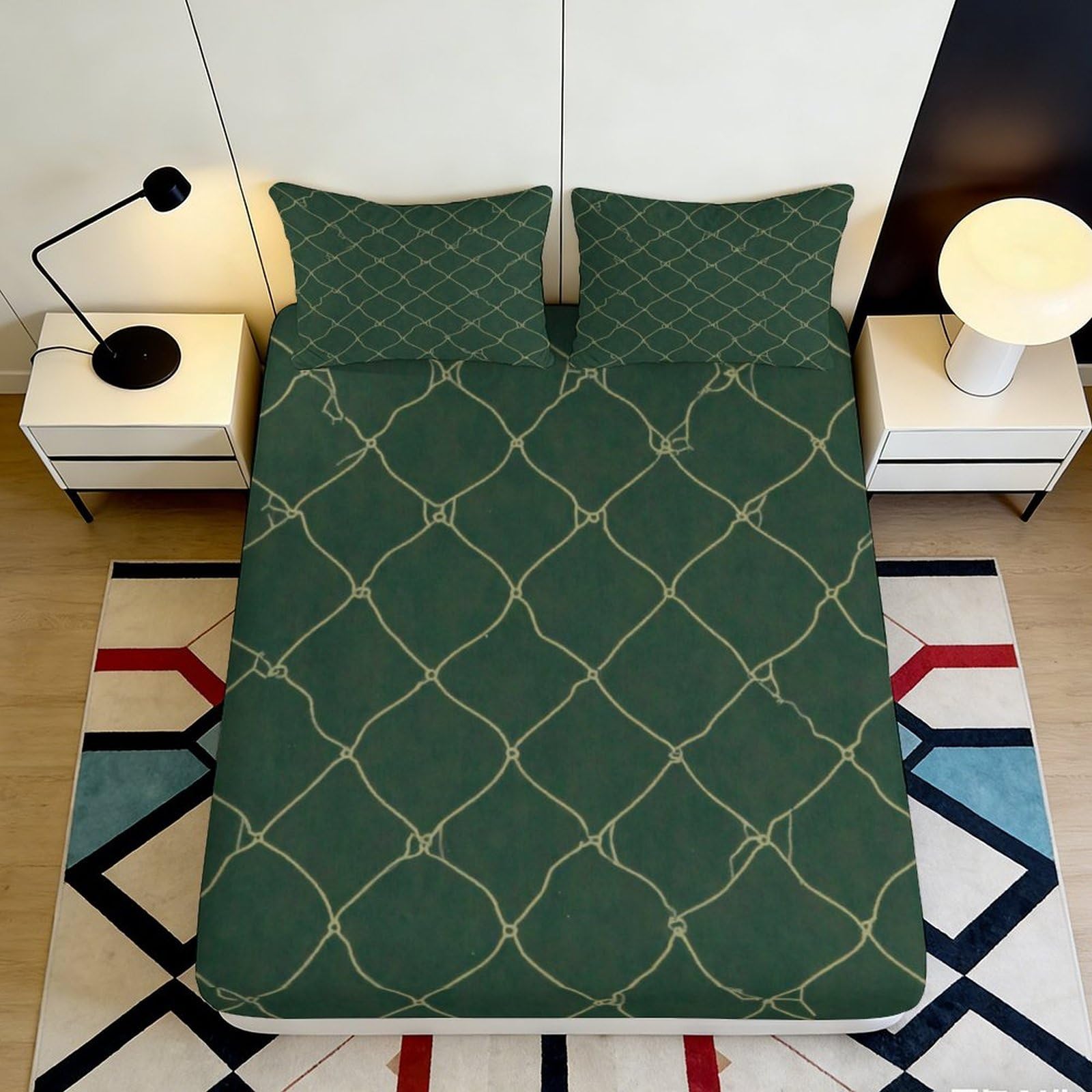 3D Printed Green Geometric Fitted Sheet Microfiber Soft Slip-Resistant Lattice Bed Cover for Bedroom Guest Room Decor 90x200x25cm