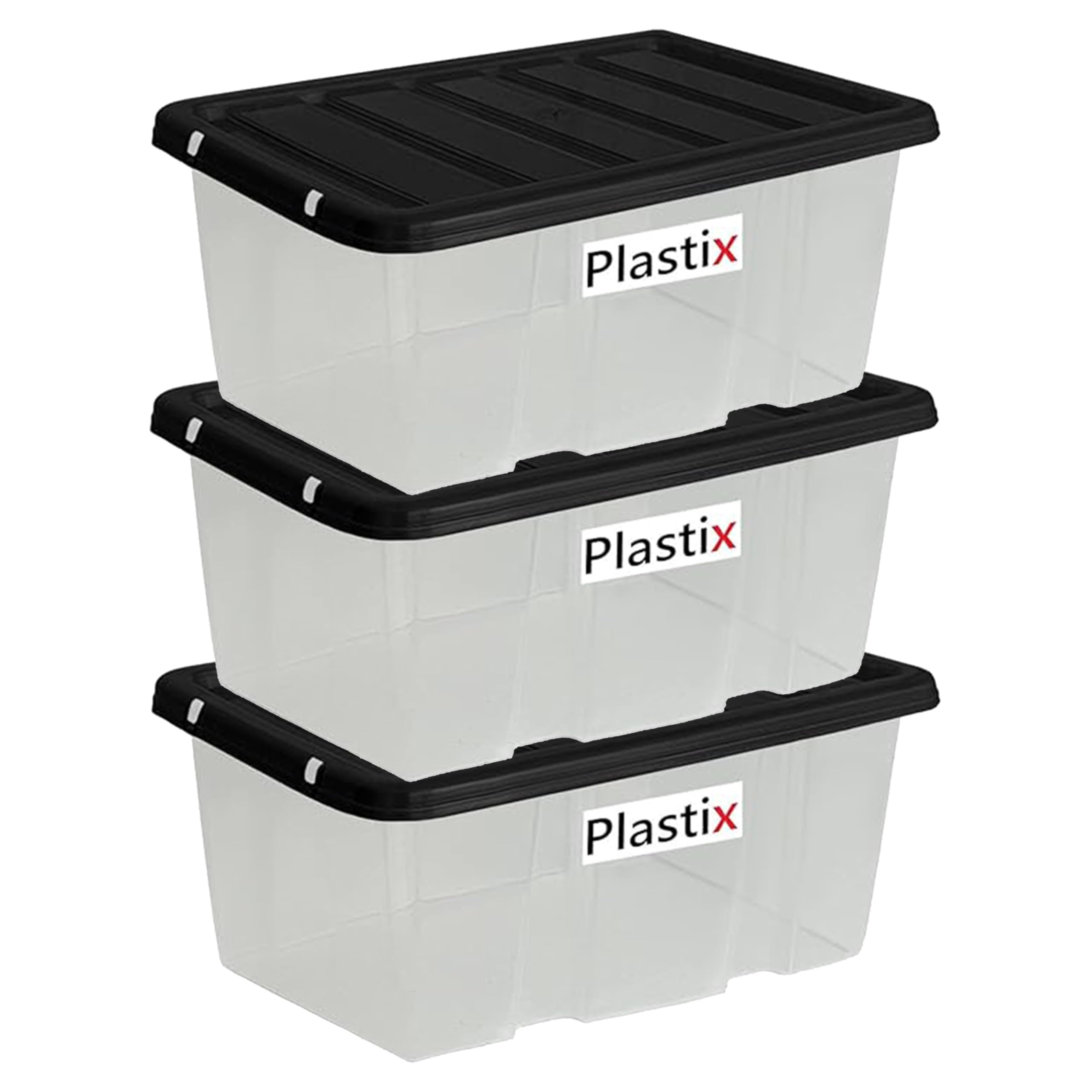Plastix Clear Plastic Storage Box Boxes With Black Lids Home Office Stackable UK Made (3, 24L)