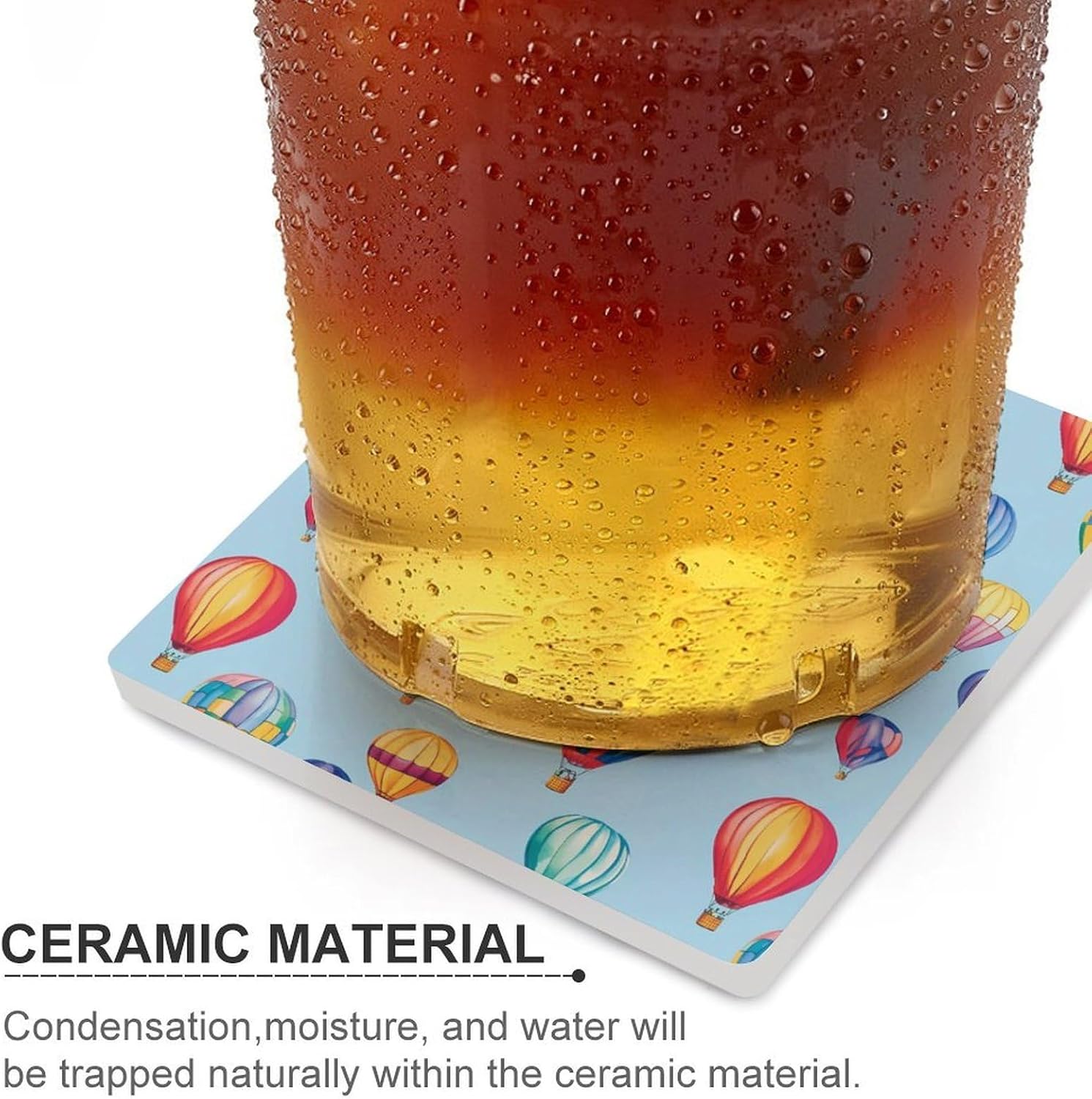 Colorful Hot Air Balloons Funny Ceramic Coasters for Drinks Absorbent Cup Holder Tabletop Protector with Cork Base