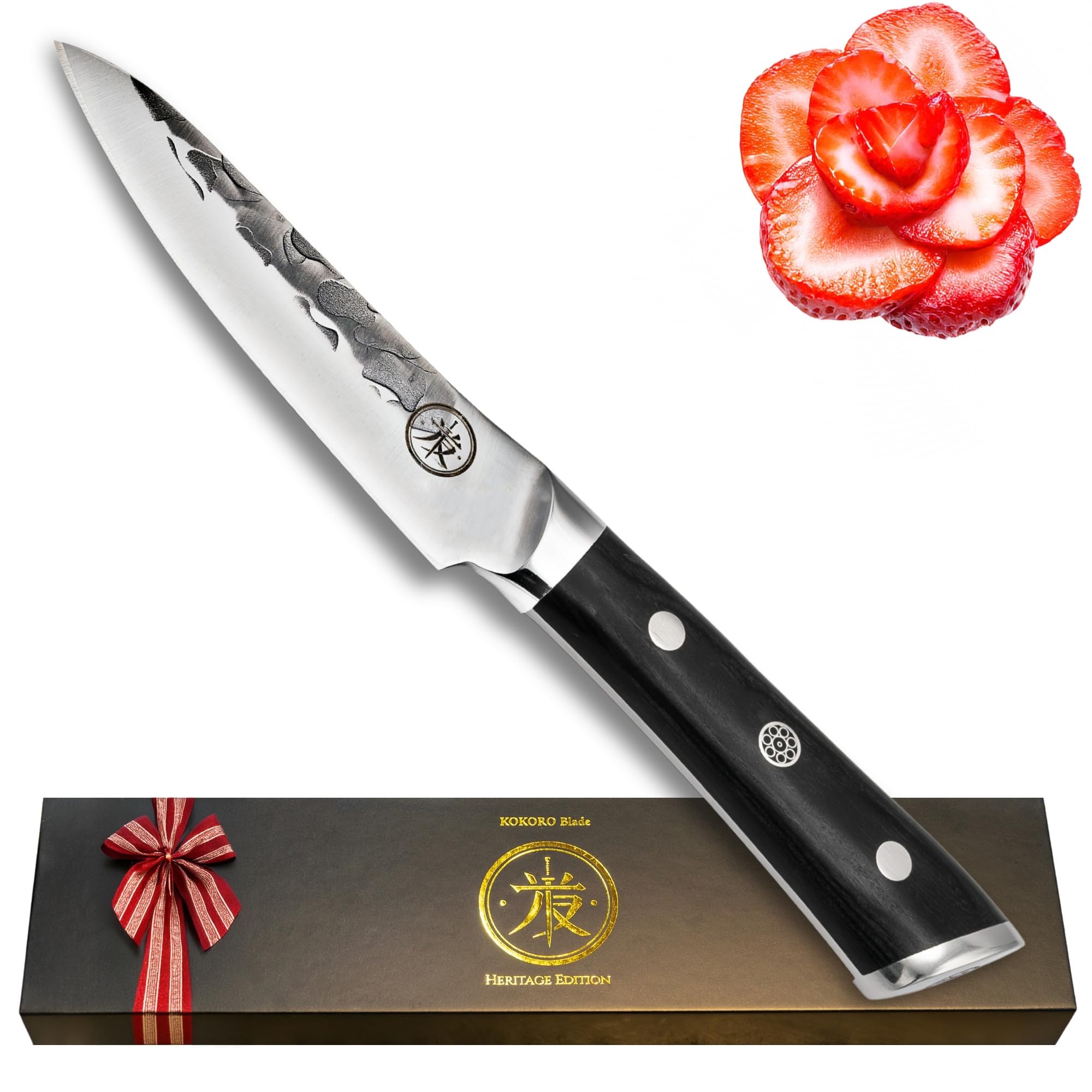4.5” Professional Paring Knife – Hand Forged Small Kitchen Knife with Dark Wood Handle, Razor Sharp, Full Tang – from British Fusion Atelier Kokoro – A Thoughtful Gift for Cooks and Foodies