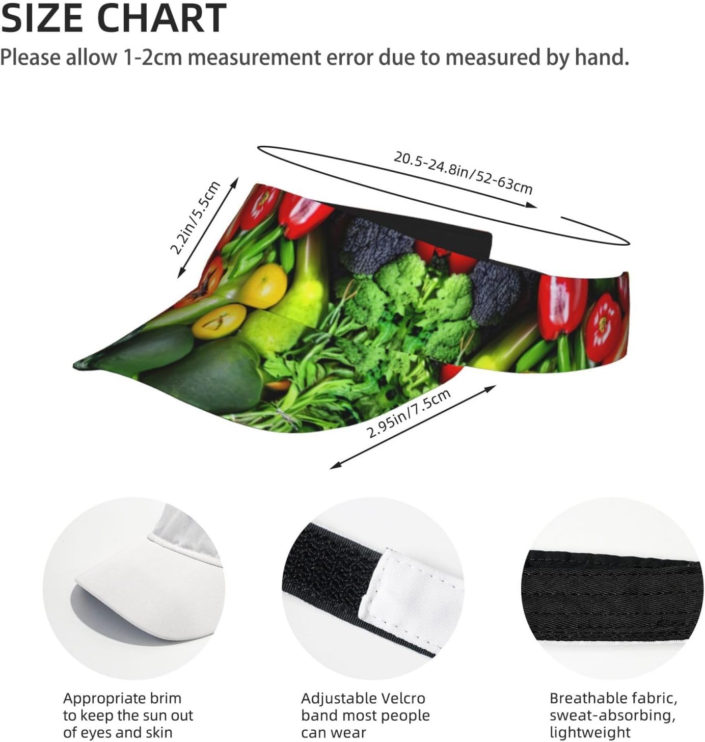 Fresh Vegetables Fruits Print Sun Visor Hats for Women Men Adjustable Sports Golf Running Sun Caps Black