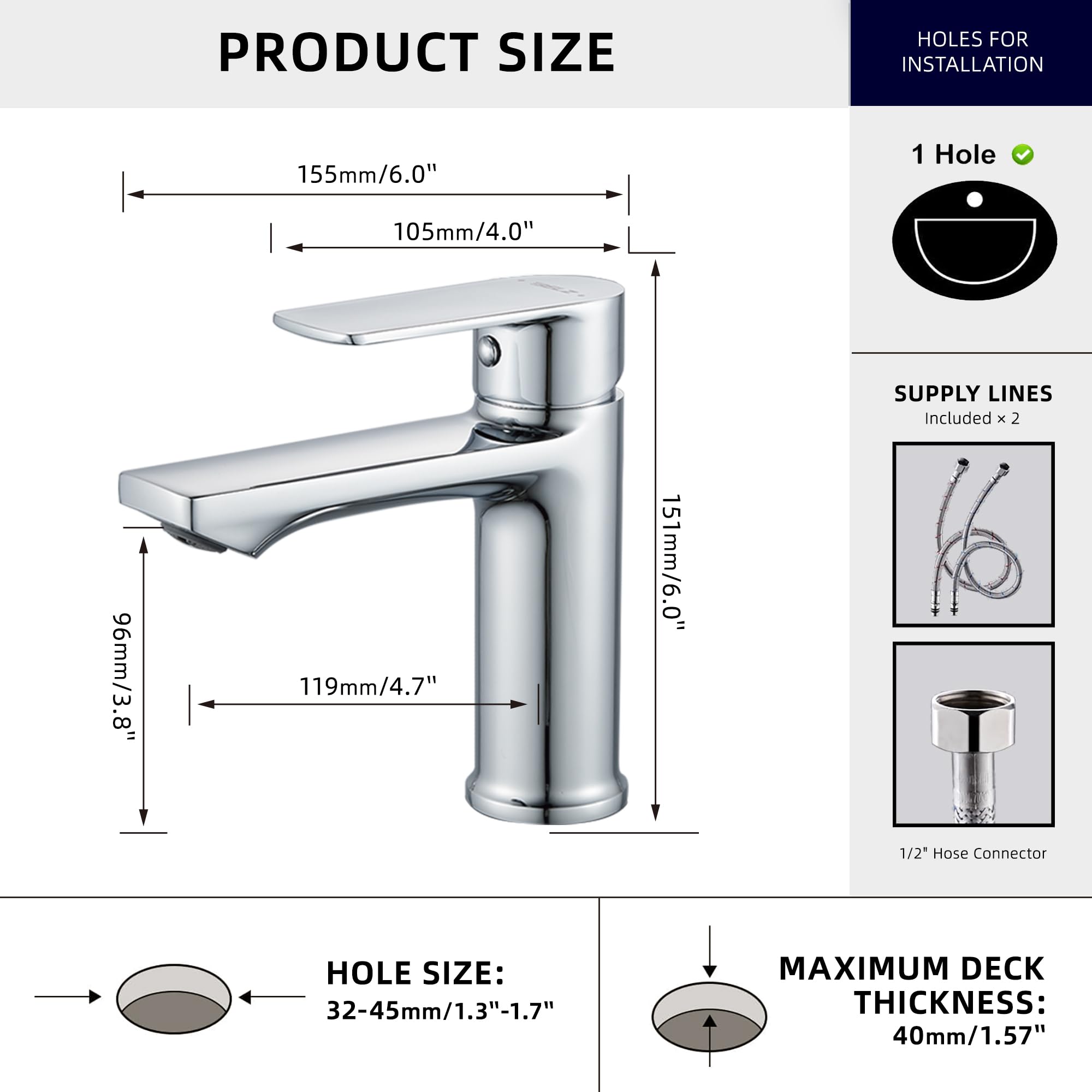 BELZ Basin Mixer Tap, Single Lever Bathroom Sink Tap, G1/2" UK Standard Hoses, Corrosion-Resistant Finish - Image 2