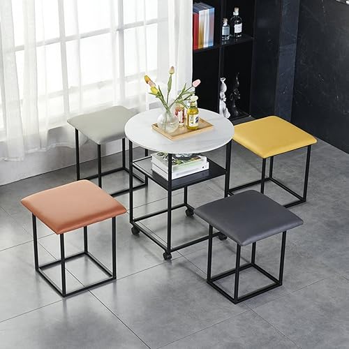 Juego de 5 mesas de centro de otomanas anidadas, incluye 4 taburetes otomanos apilables, marco negro del escritorio con ruedas giratorias, ruedas