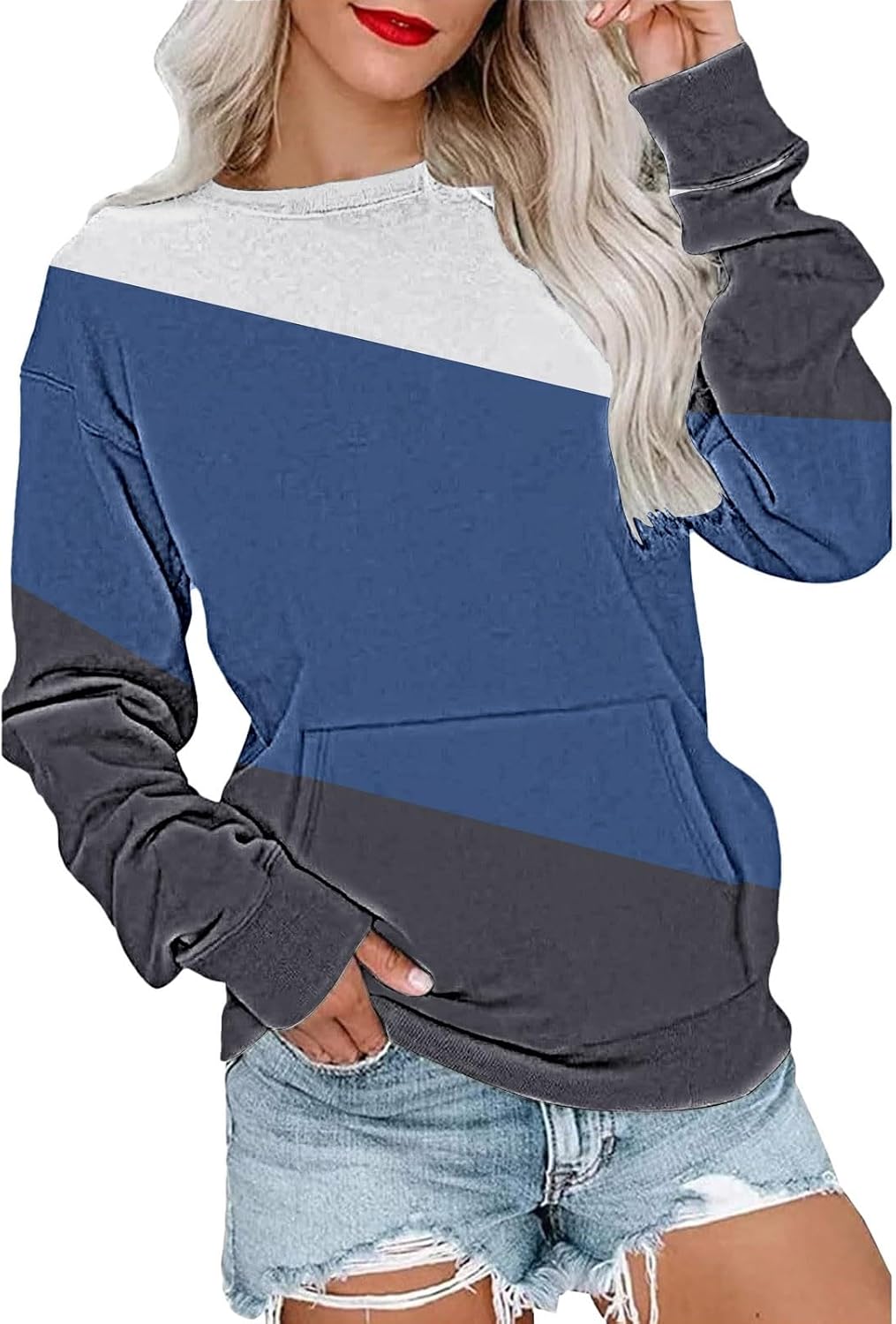 Qgaomye Sweatshirt for Women Crewneck Trendy Long Sleeve Shirts with Pocket Fall Fashion 2024 Casual Stripe Pullover Clothes