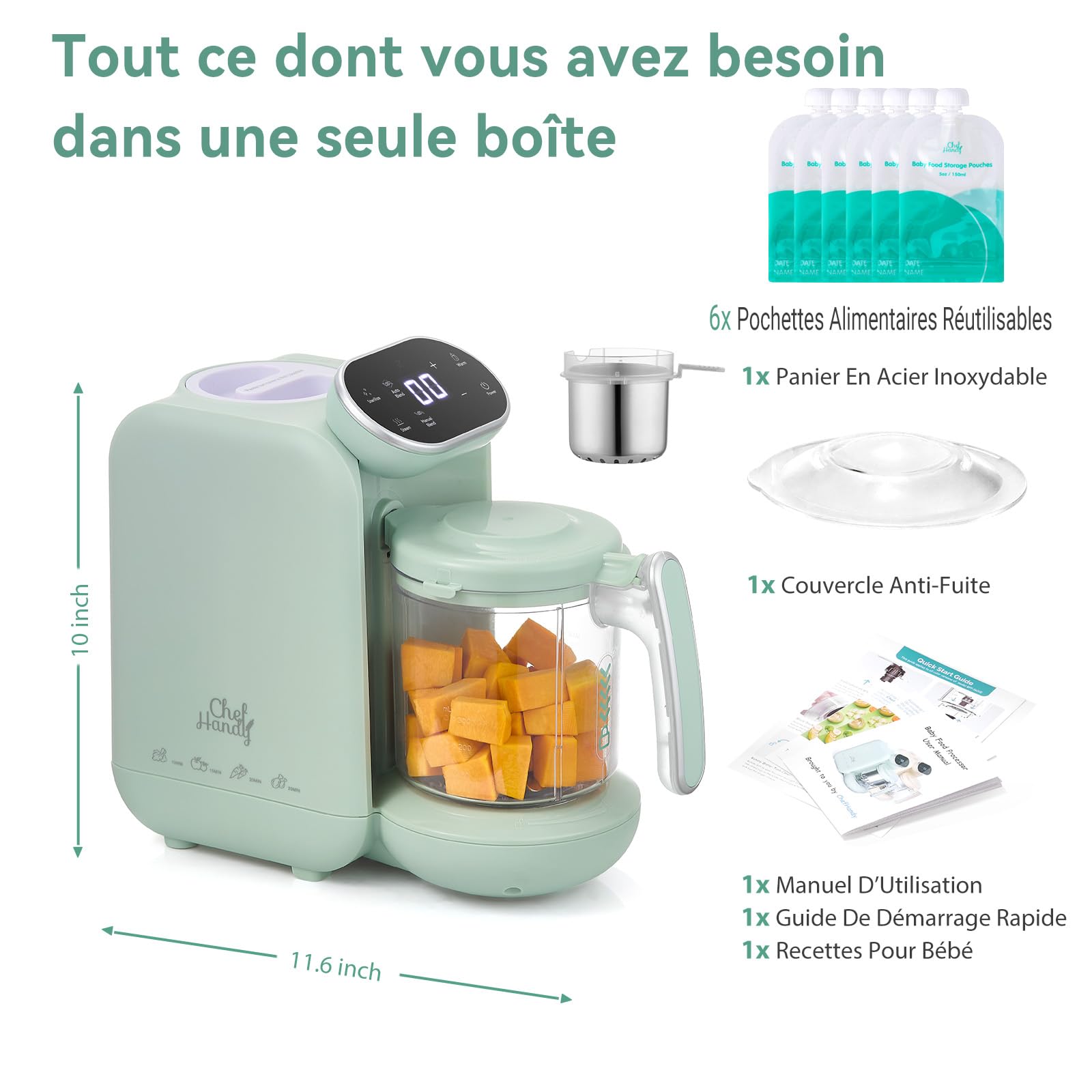 Robot Bébé Cuiseur Mixeur 5-en-1 Chefhandy avec Chauffe-biberon, Stérilisation, Mixage Automatique et Manuel (Vert)
