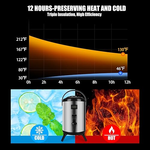 Miniatura 5 de Dispensador de bebidas aislado de 12 cuartos de galón  3.2 galones, dispensador de bebidas de acero inoxidable dispensador de bebidas frías y