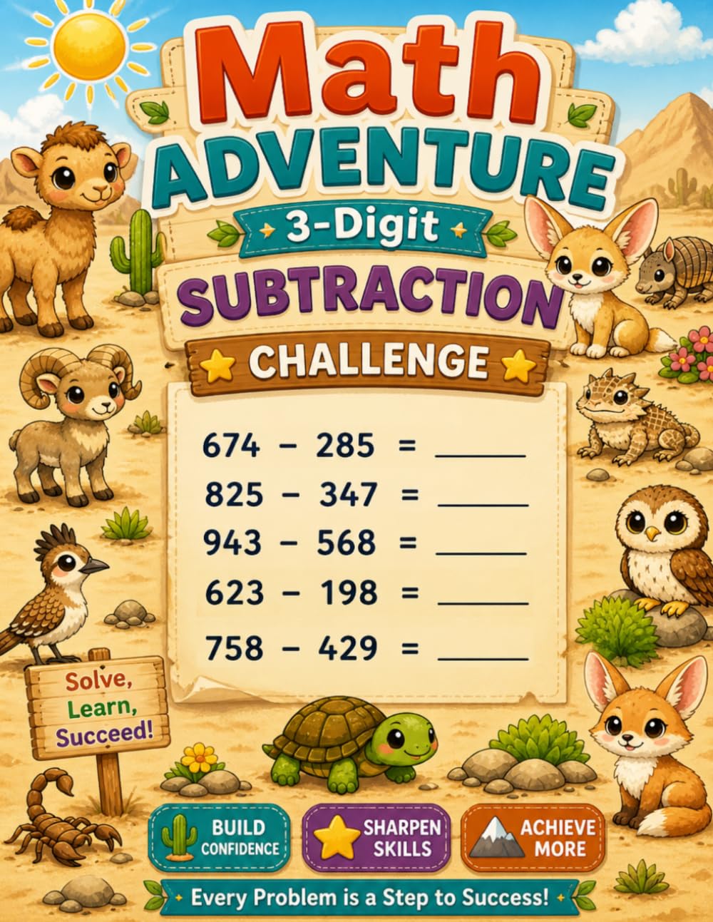 Math Adventure: 3‑Digit Subtraction Challenge: Exciting Horizontal Subtraction Worksheets with Cute Desert Friends