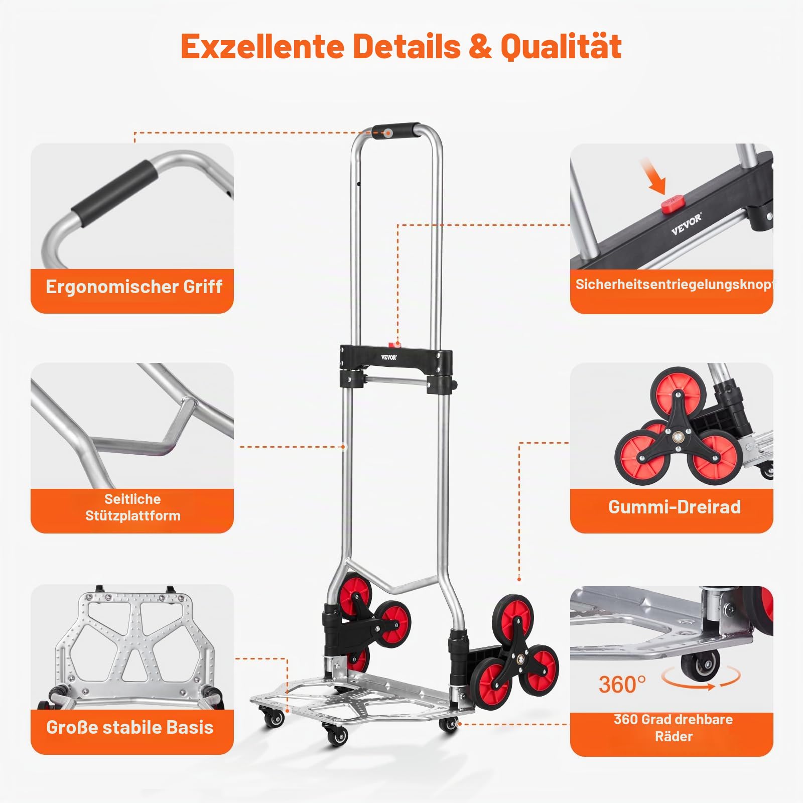 VEVOR Sackkarre 490 x 475 x 1150 mm, Treppensteiger, Treppensackkarre 118 kg, zusammenklappbarer Trolley mit Teleskopgriff, 10 Rädern & 2 elastischen Seilen für Zuhause, Einkaufen, Umzüge & Lager