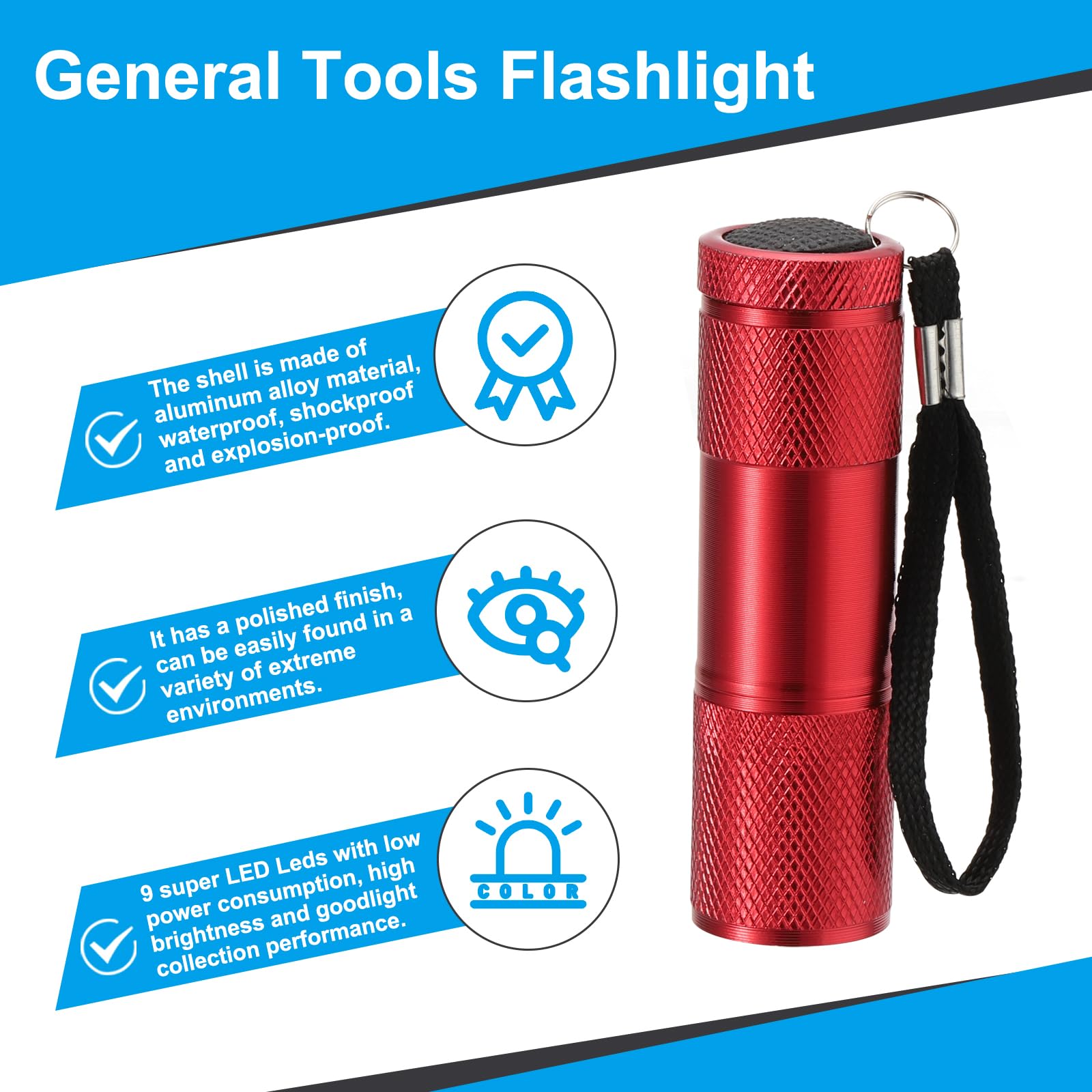 PATIKIL 9 LED Mini Flashlights, Aluminum Pocket Flashlight Torch with Lanyard for Camping Hiking, Outdoor Emergencies, Red - Image 3