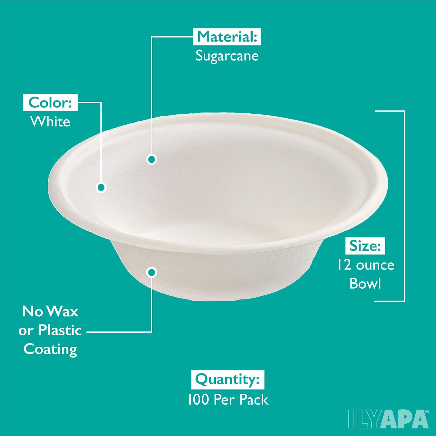 Ilyapa 100 Disposable Biodegradable Bowls - 12 oz White Compostable & Microwavable Tree Free Sugarcane Bowls, Bulk Set