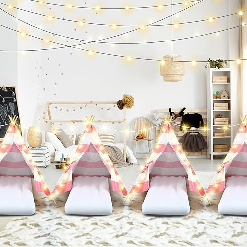 Miniatura 4 de Lemosae Paquete de 6 tiendas de campaña tipo tipi para niños a granel con cama de aire inflable, tira de luces y sábana bajera, algodón natural,