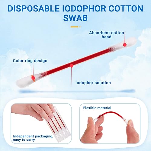 Miniatura 3 de Milisten 100 hisopos desechables de algodón yodóforo para el cuidado de heridas, empaquetados individualmente, portátiles para viajes y uso al aire