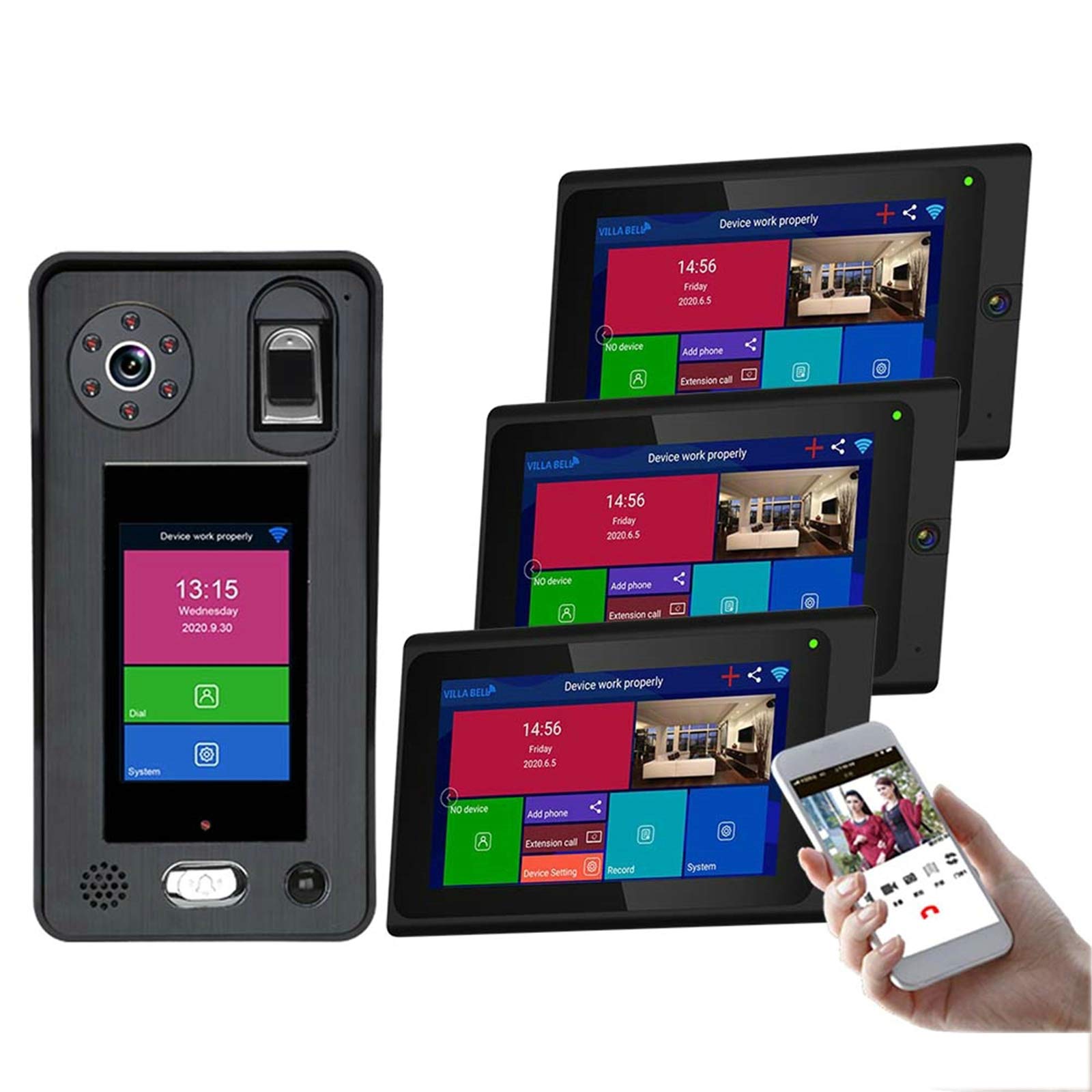 Bezprzewodowy dzwonek wideo Wifi, kamera 1080P 7-calowy system wideodomofonowy, 3 monitory, domofon, hasło Odciski palców Odblokowanie APP rozpoznawania twarzy