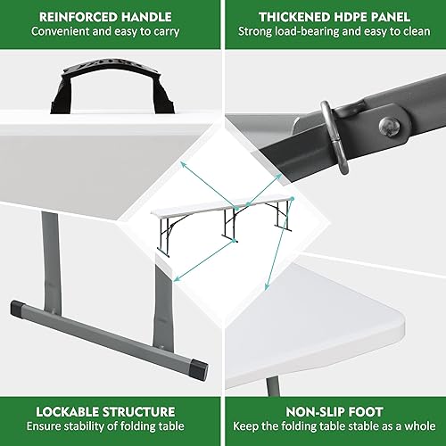Miniatura 4 de MIRSION Folding Bench, 6FT Plastic Foldtable Bench with Handles, Outdoor Portable Stackable Bench for Party Camping and Picnic, White