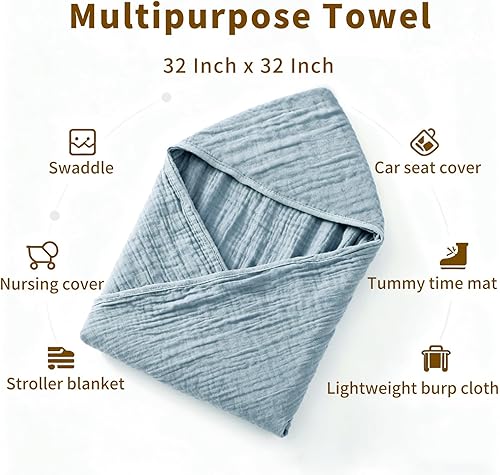 Miniatura 6 de Toallas de baño de muselina con capucha para bebé, paquete de 2 toallas 100% algodón orgánico para bebés, bebés, niños pequeños, 32 x 32 pulgadas,