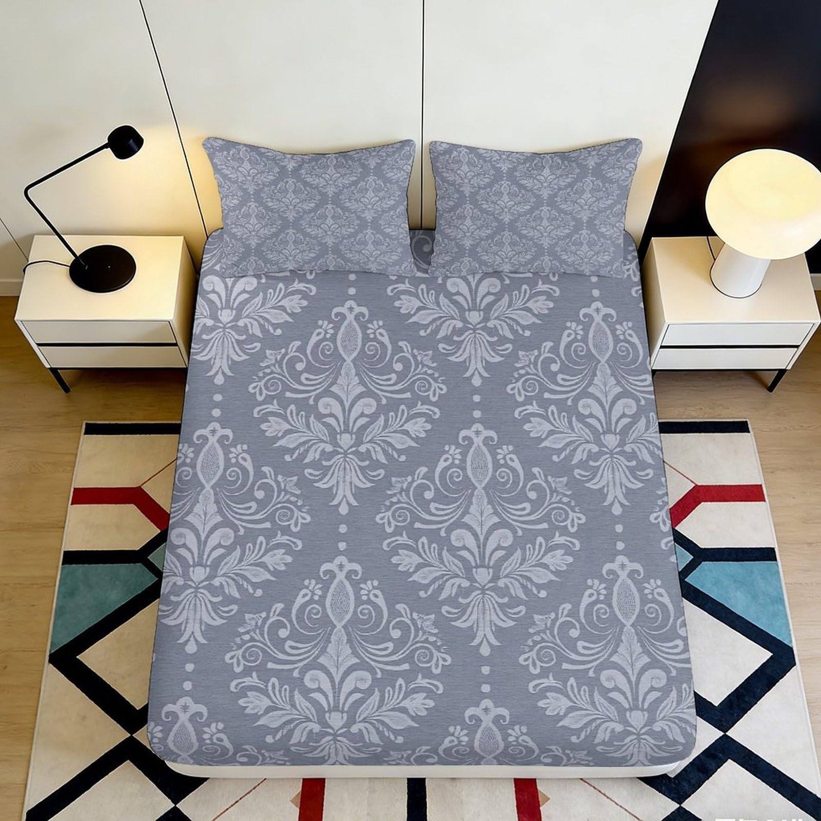 Jqzkxnhpbr Style-9 3D Printed Grey Damask Fitted Sheet Microfiber Soft Decorative Floral Mattress Cover For Bedroom Guest Room Dustproof Washable 90X200x25cm
