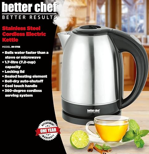 Miniatura 2 de Better Chef Hervidor eléctrico inalámbrico | 7 tazas | Acero inoxidable | Base giratoria de 360 grados | Apagado automático de ebullición en seco