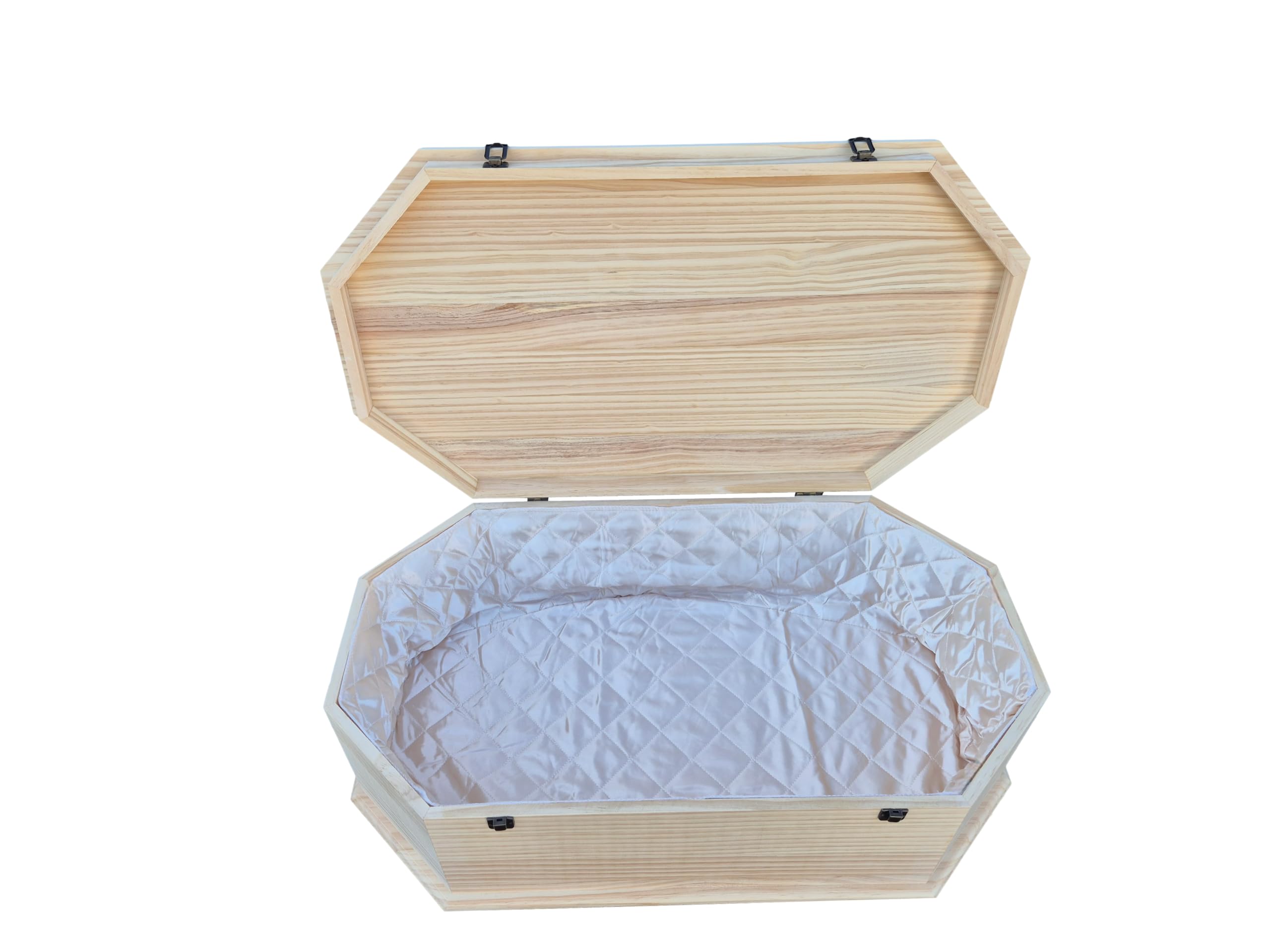 petbye Wooden Pet Coffin Octagonal Natural Finish – Size XL for Medium-Sized Pets – Coffin with Satin Interior & Secure Metal Closure – Made from Solid Wood