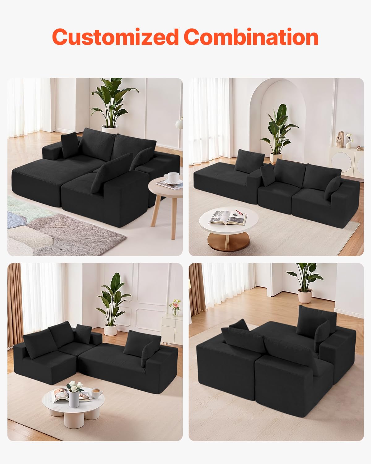 VEVOR Divano Modulare a Letto Angolare a Forma di L con Schiuma, Divano Imbottito in Velluto Capacità Carico 545 kg Lunghezza 265 cm con Cuscini, Mobile per Soggiorno Salone Casa, Nero