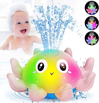 Jovicos Baby Bath Toys, Octopus Sensory Light Up Bath Toys, Automatic Induction Spray Water Toys, Bath Time Shower Gifts for Baby Girls Boys Pink