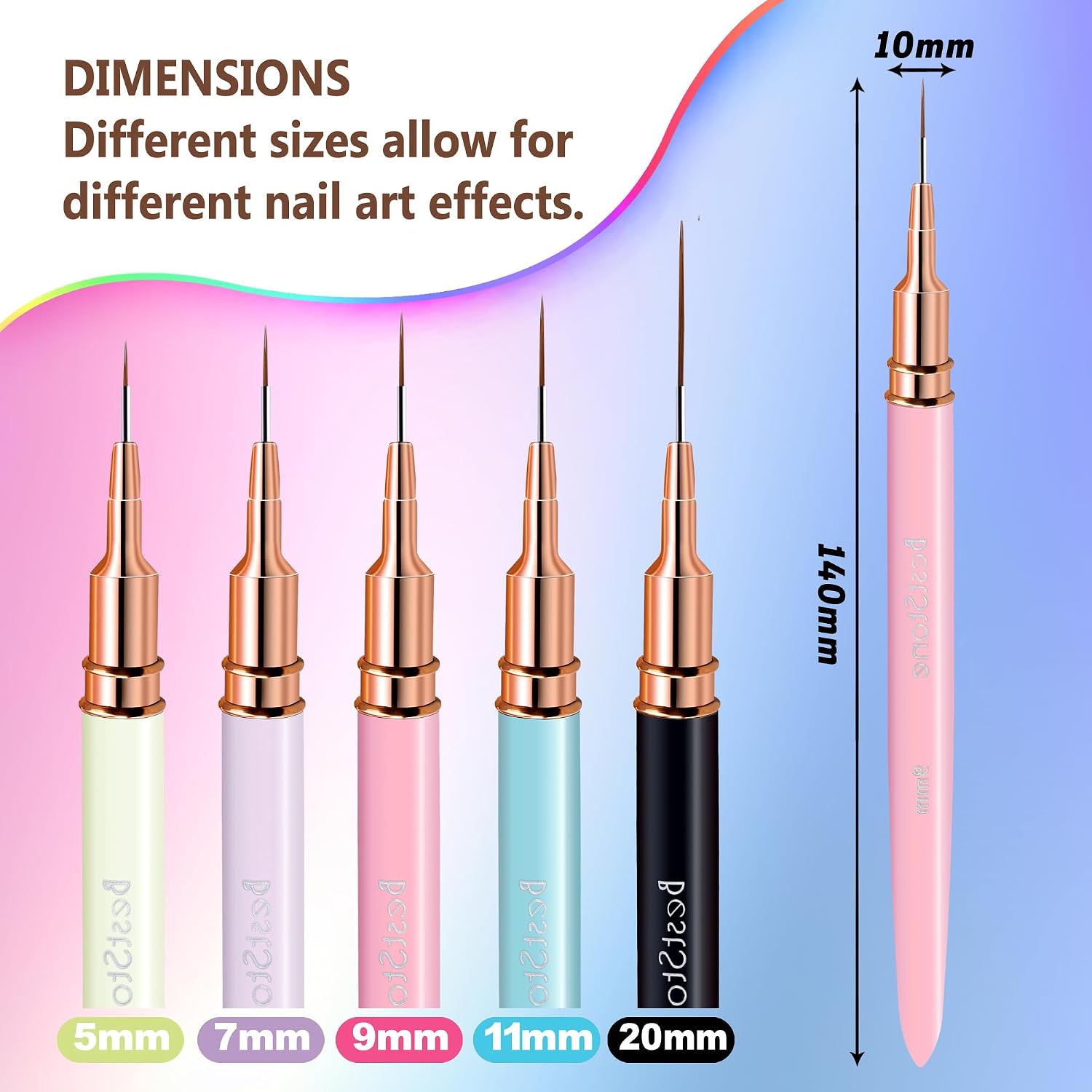Nail Art Liner Brushes, 5Pcs Professional Gel Polish Painting Art Design Pen Set for Long Lines, Thin Details, Fine Drawing Sizes 5/7/9/11/20mm Nail Art Design Gift for Women(Multicolor)